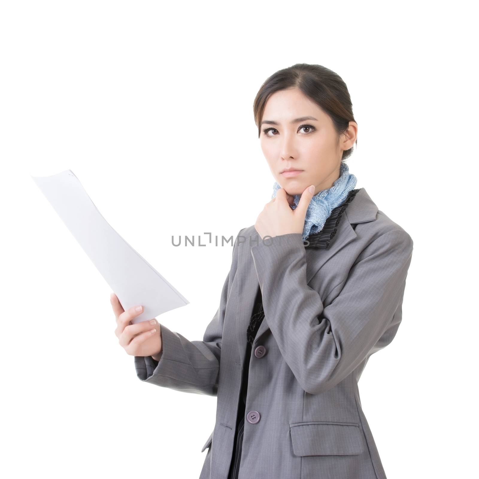 Pensive asian business woman holding file document paper. Isolated on the white background.