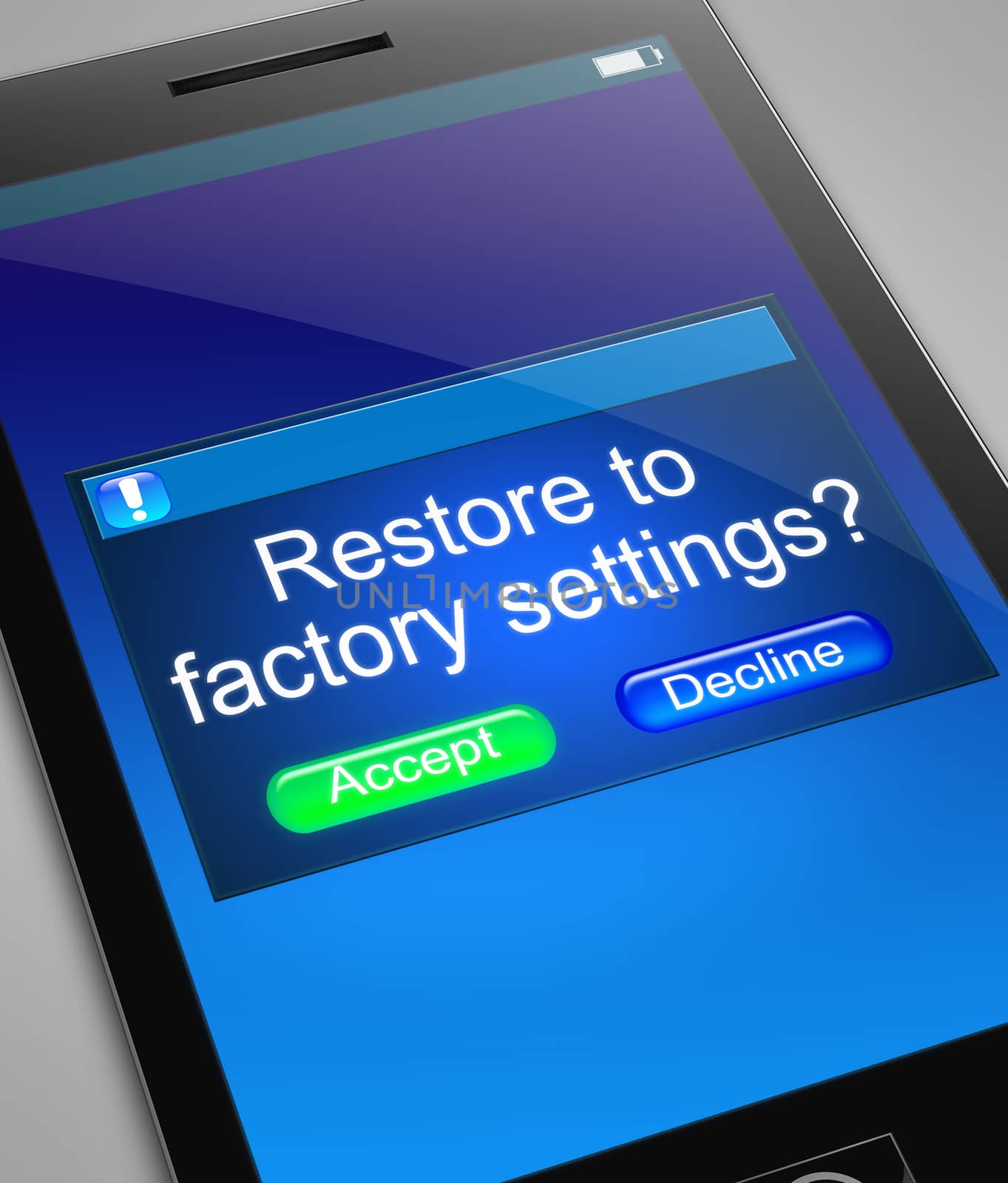 Illustration depicting a phone with a restore to factory settings concept.