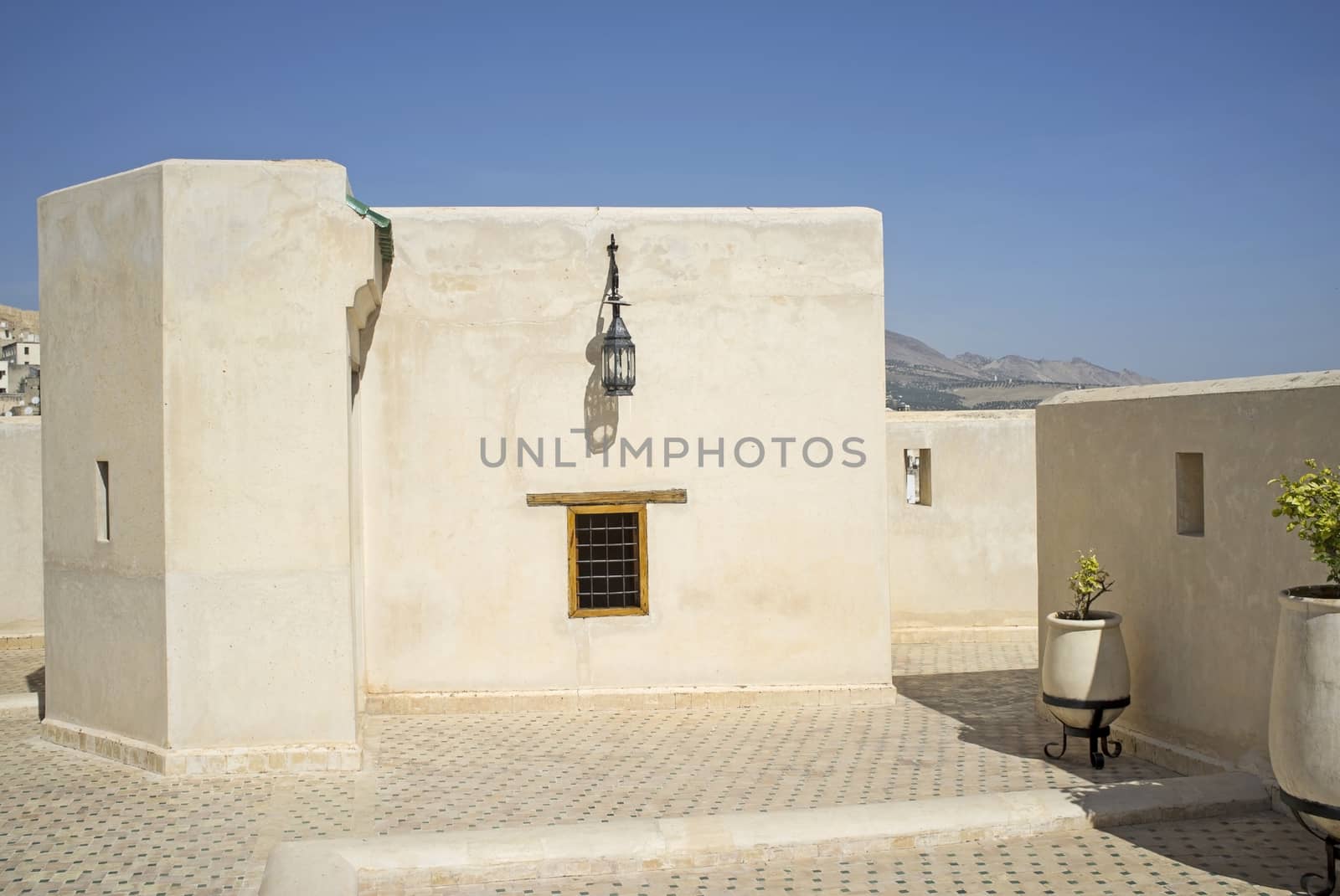 Traditional Moroccan architecture in the historic medina of Fes in Morocco.