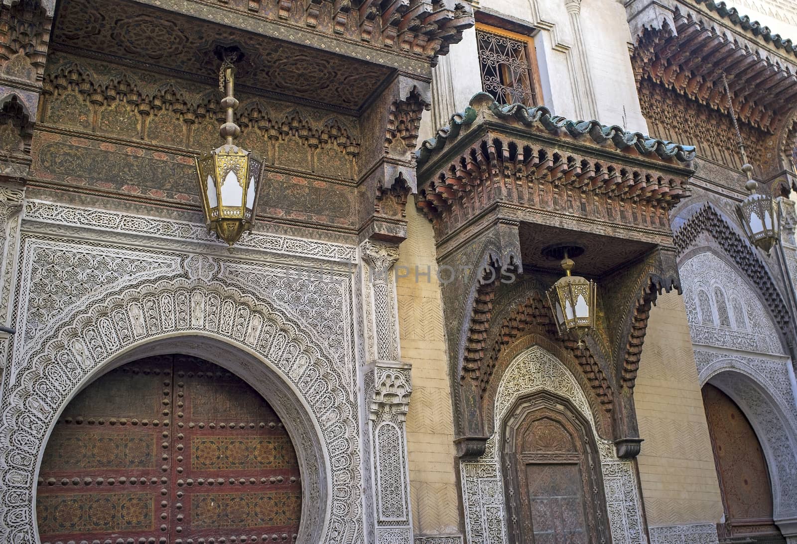 Mosque
Description: Ornate entrance to the historic Kairaouin Mosque deep inside the medina of Fes in Morocco.