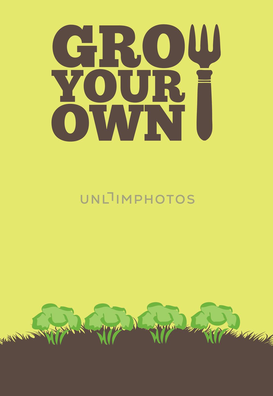 An illustration of a garden poster on a portrait format with the text Grow Your Own. A row of brocolli grow through brown earth at the base of the poster.