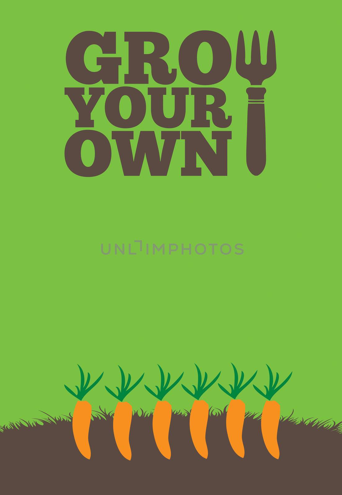 An illustration of a garden poster on a portrait format with the text Grow Your Own. A row of orange carrots grow through brown earth at the base of the poster.