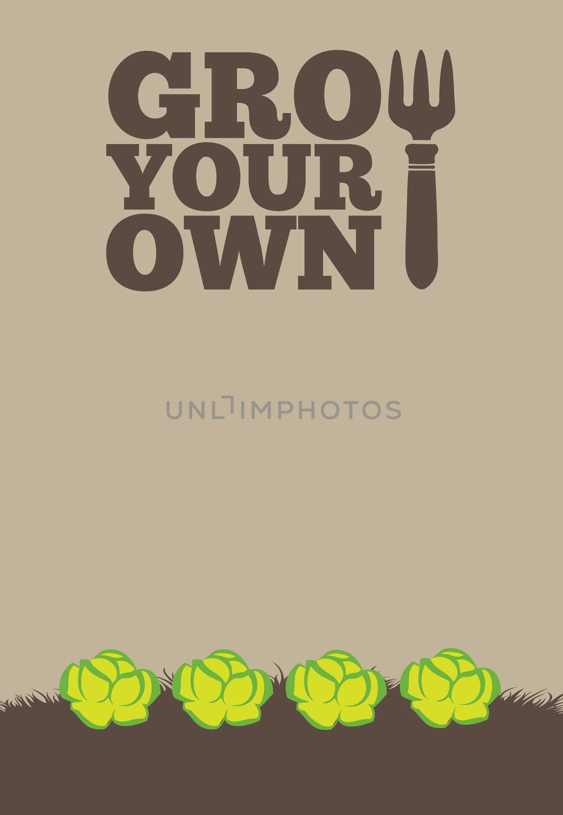 An illustration of a garden poster on a portrait format with the text Grow Your Own. A row of green lettuce grow through brown earth at the base of the poster.