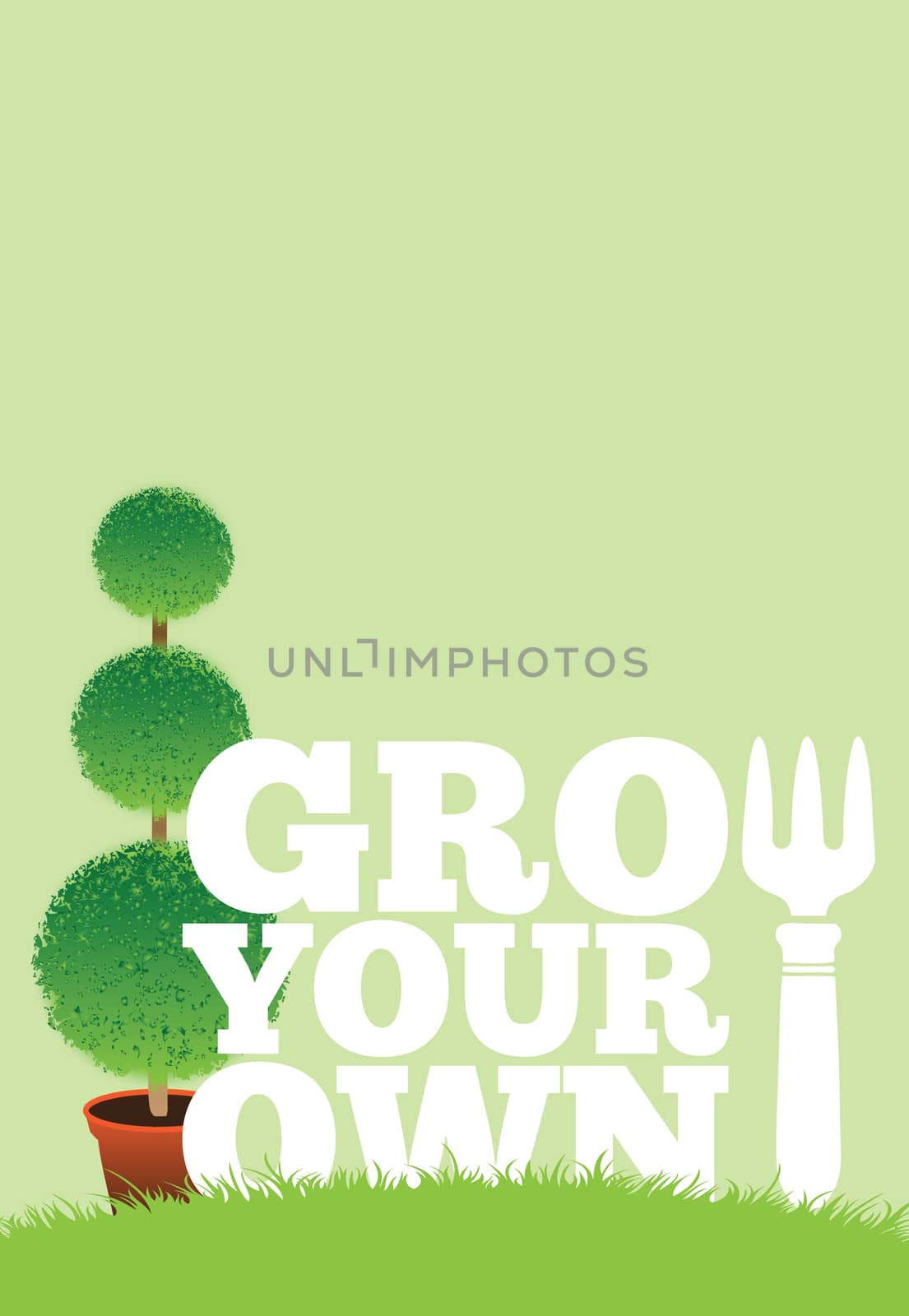 An illustration of a garden poster on a portrait format with the text Grow Your Own with a topiary tree behind.