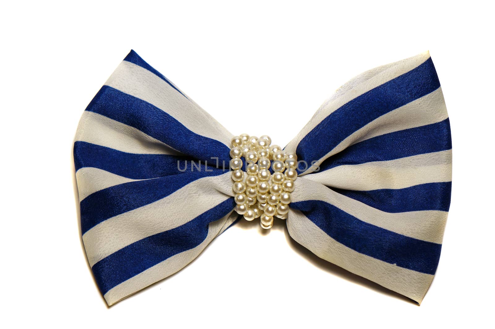Large white bow with blue stripes with beads                               