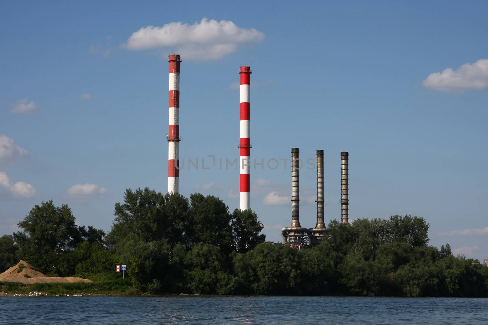 Chimneys of heating plant on the coast of Sava river,Belgrade,Serbia