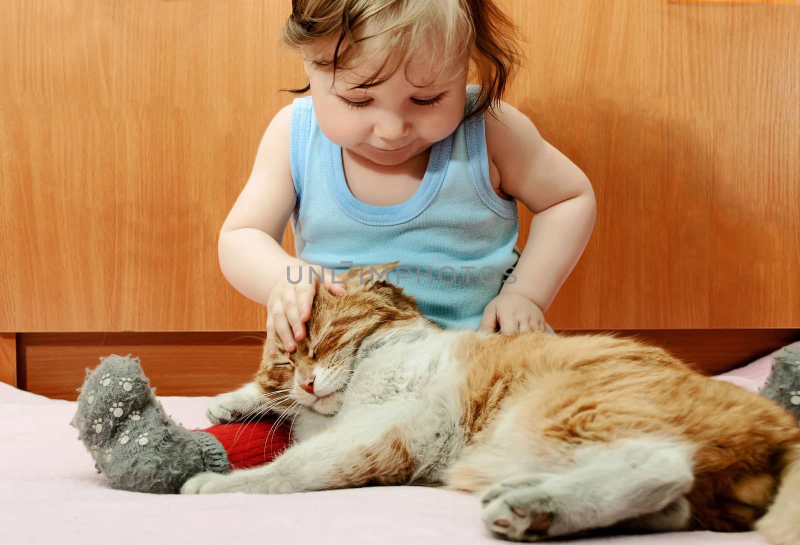 Tiny boy playing with ginger cat house.