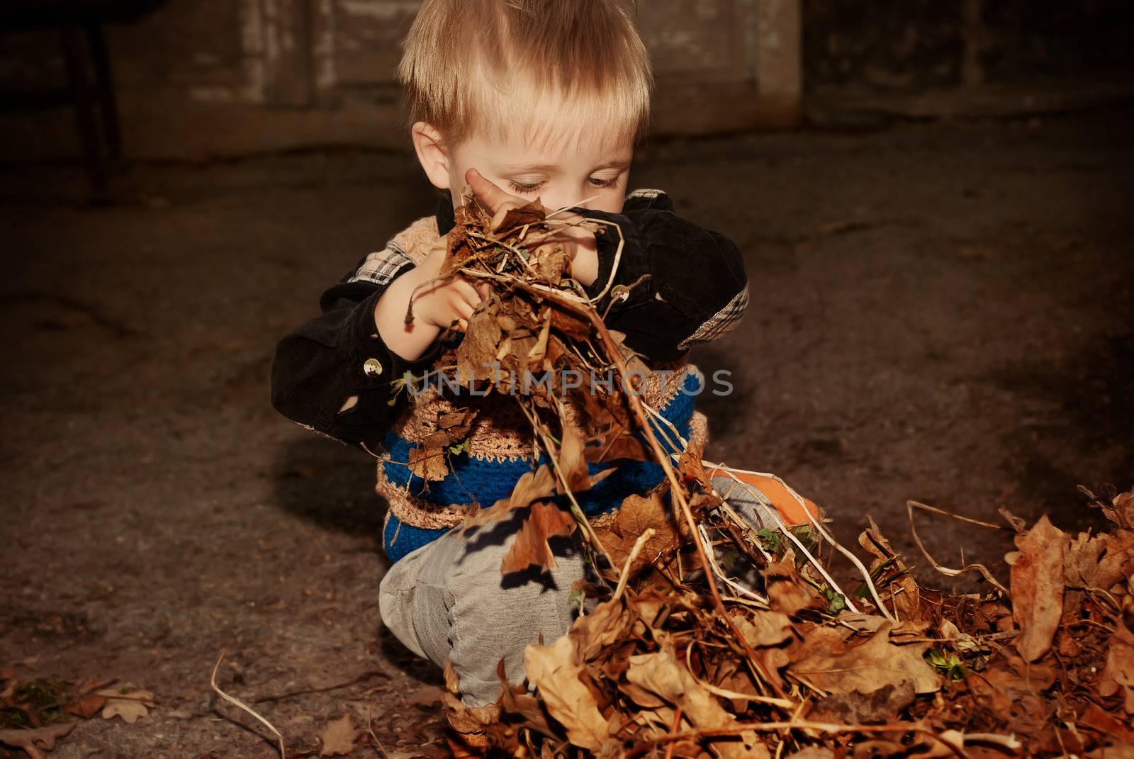 The boy cleans autumn dry leaves in the garden. by negativ