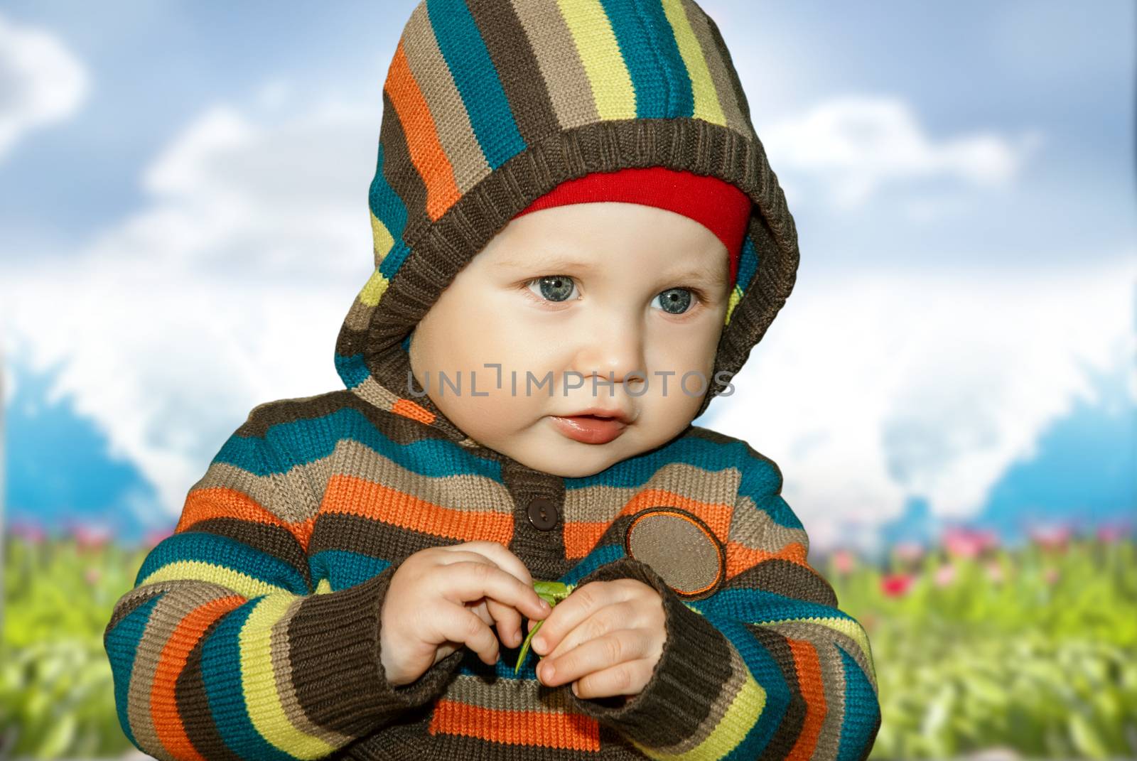 Little boy with leaf in hand knitted clothes outdoors. by negativ