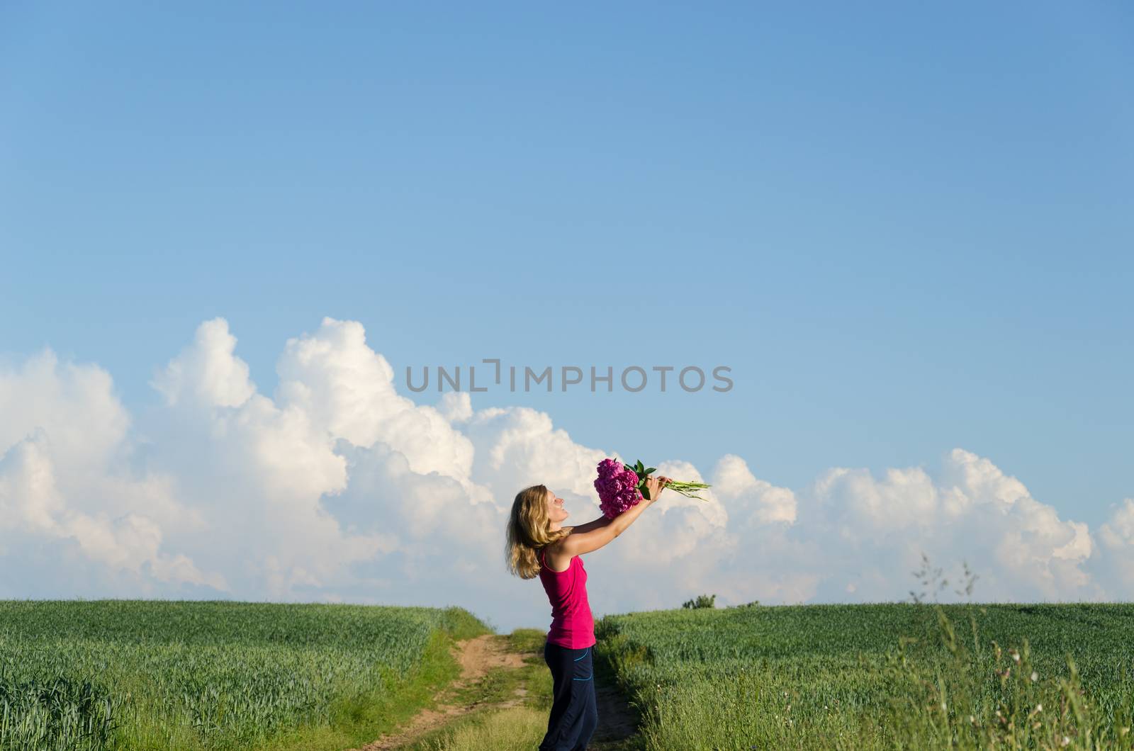 happy girl bask summer stillness nature and flower by sauletas