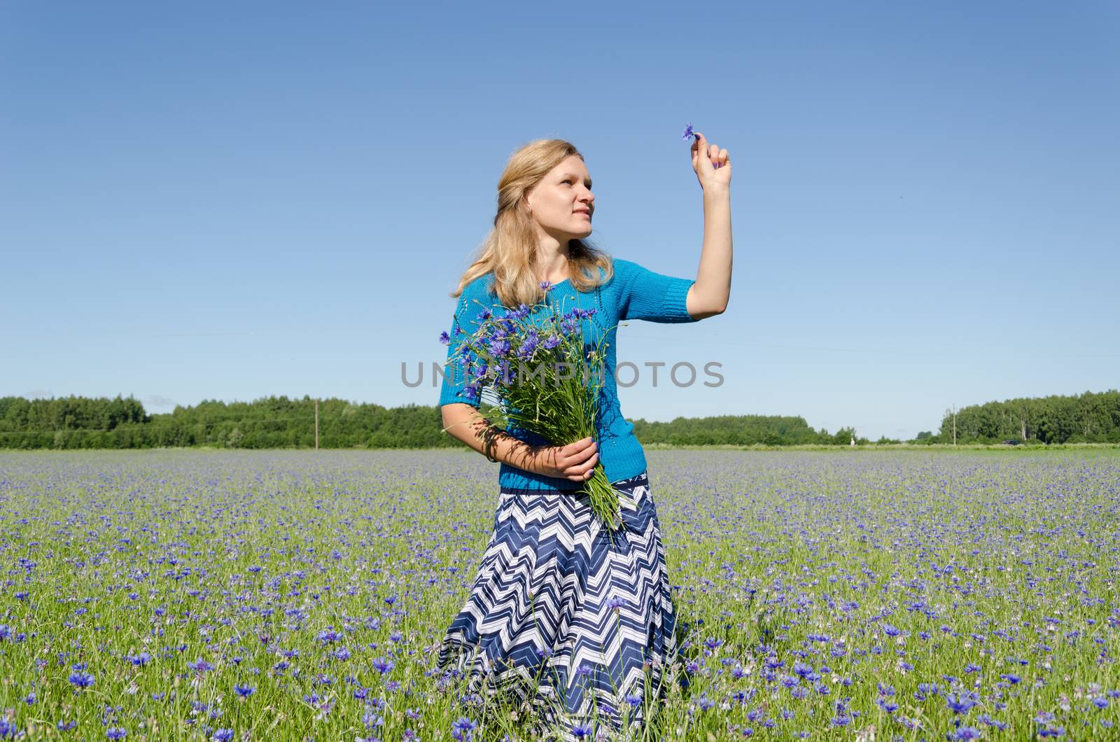 smiled woman pose in cornflower bent with bouquet by sauletas