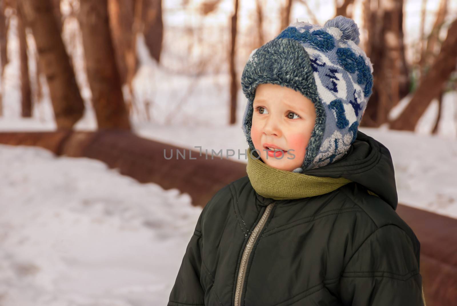 Portrait handsome little boy outdoors in winter