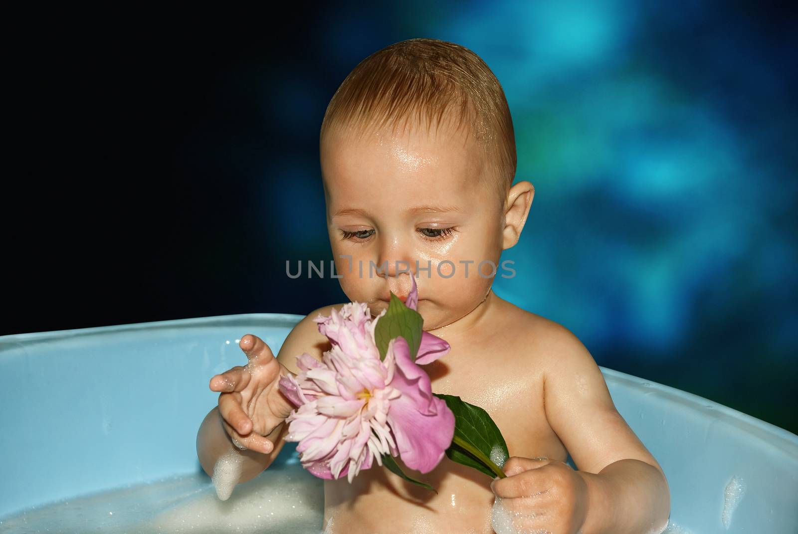 Little boy in bath with flower in hand. by negativ
