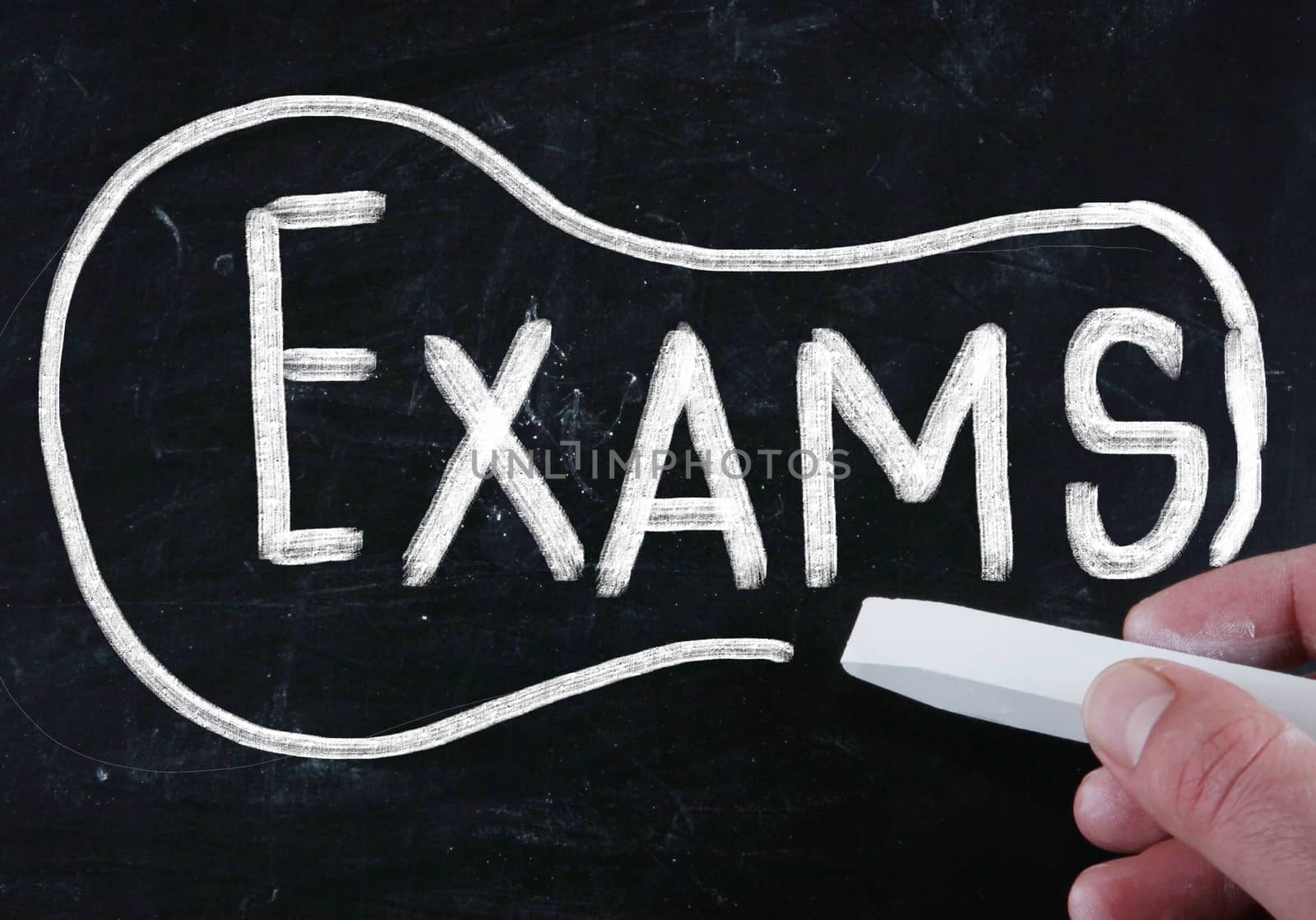 exams handwritten with chalk on a blackboard