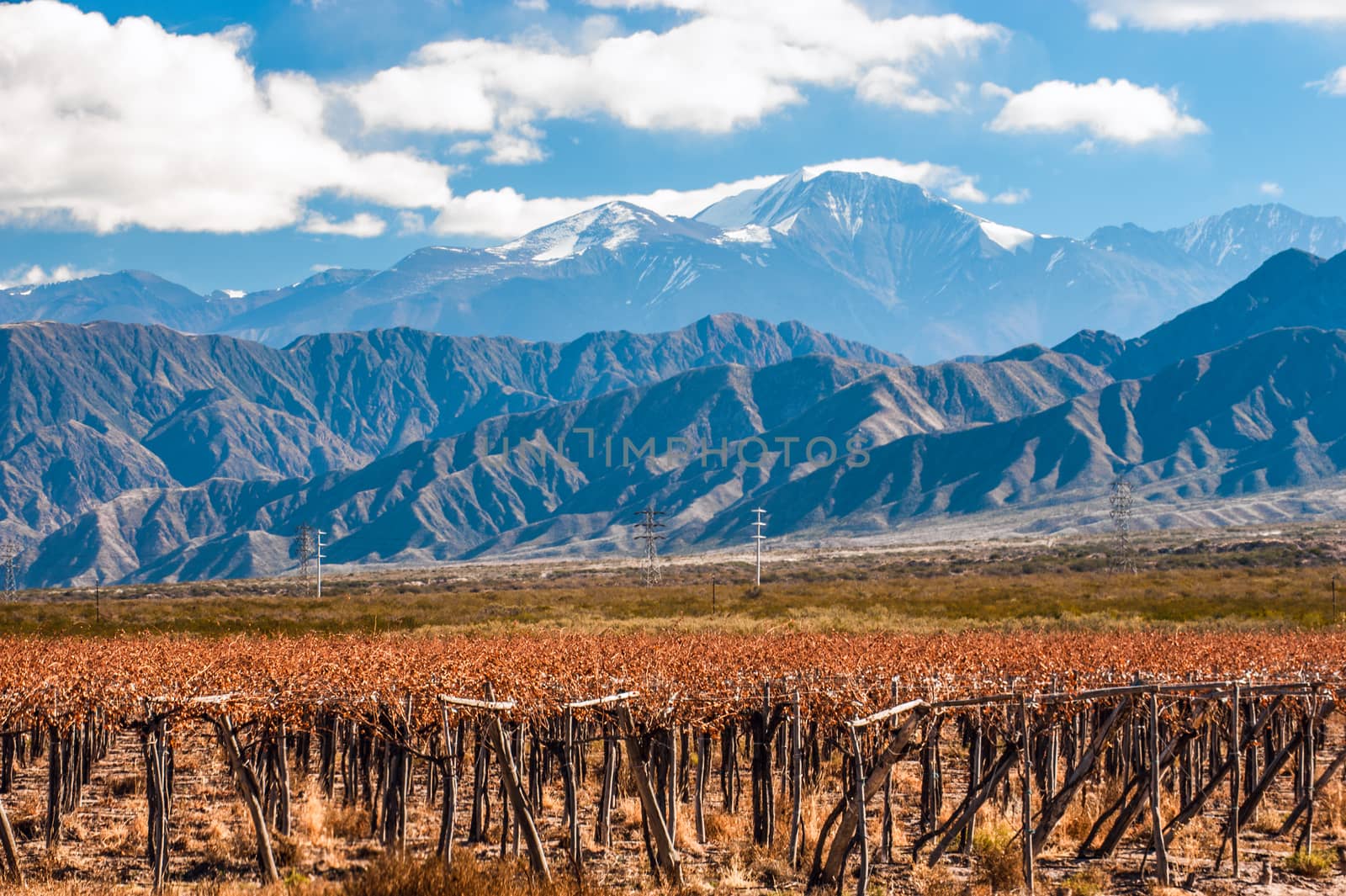 Volcano Aconcagua and Vineyard. Aconcagua is the highest mountain in the Americas at 6,962 m (22,841 ft). It is located in the Andes mountain range, in the Argentine province of Mendoza