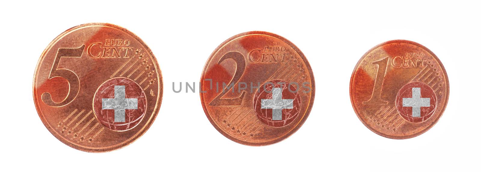 European union concept - 1, 2 and 5 eurocent, flag of Switzerland