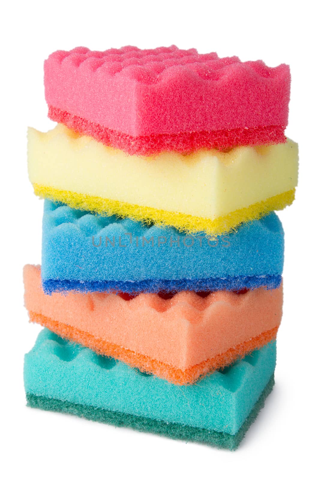 Colorful sponges for washing dishes isolated on white background