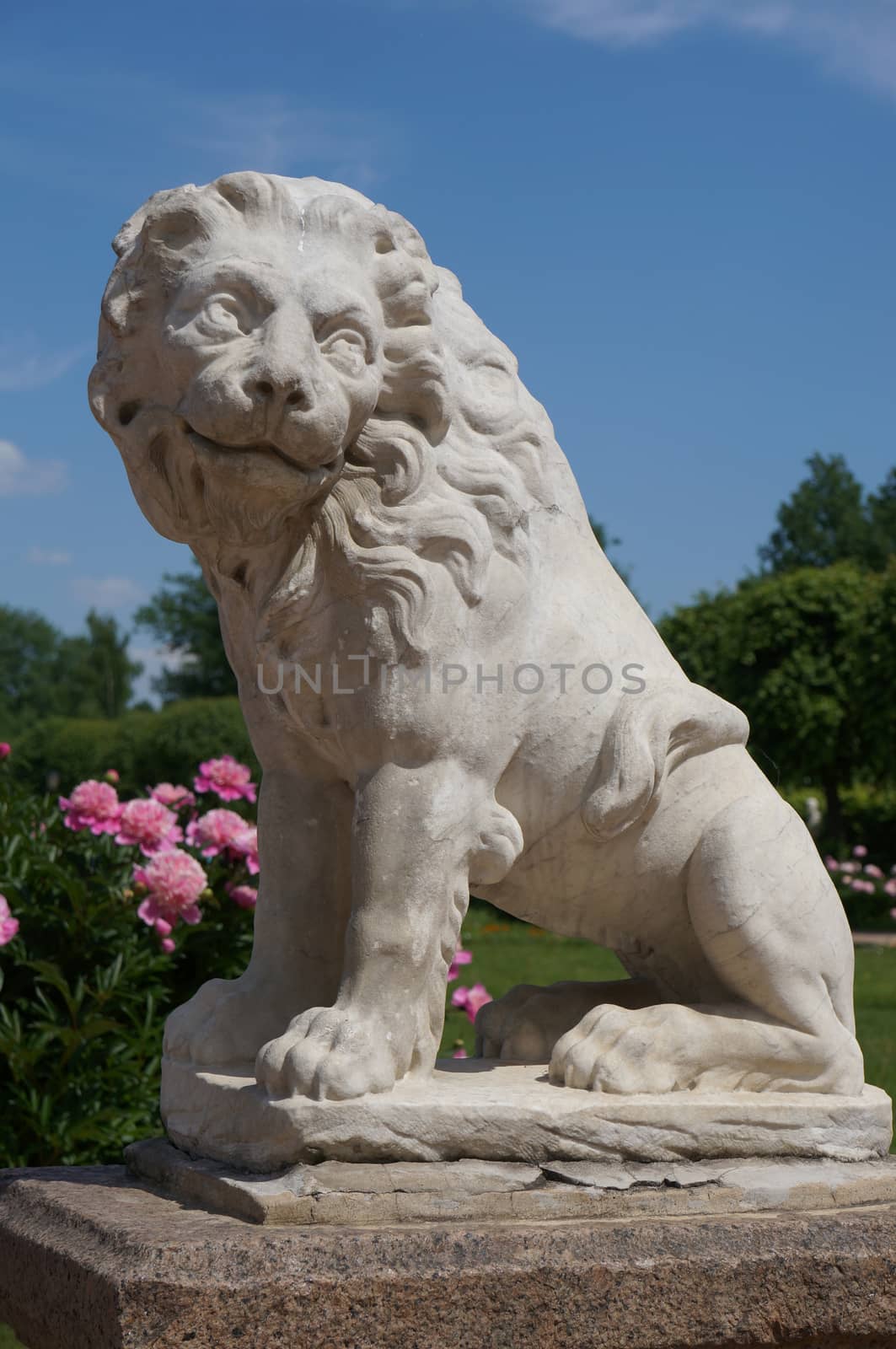 Lion statue of white marble in the park