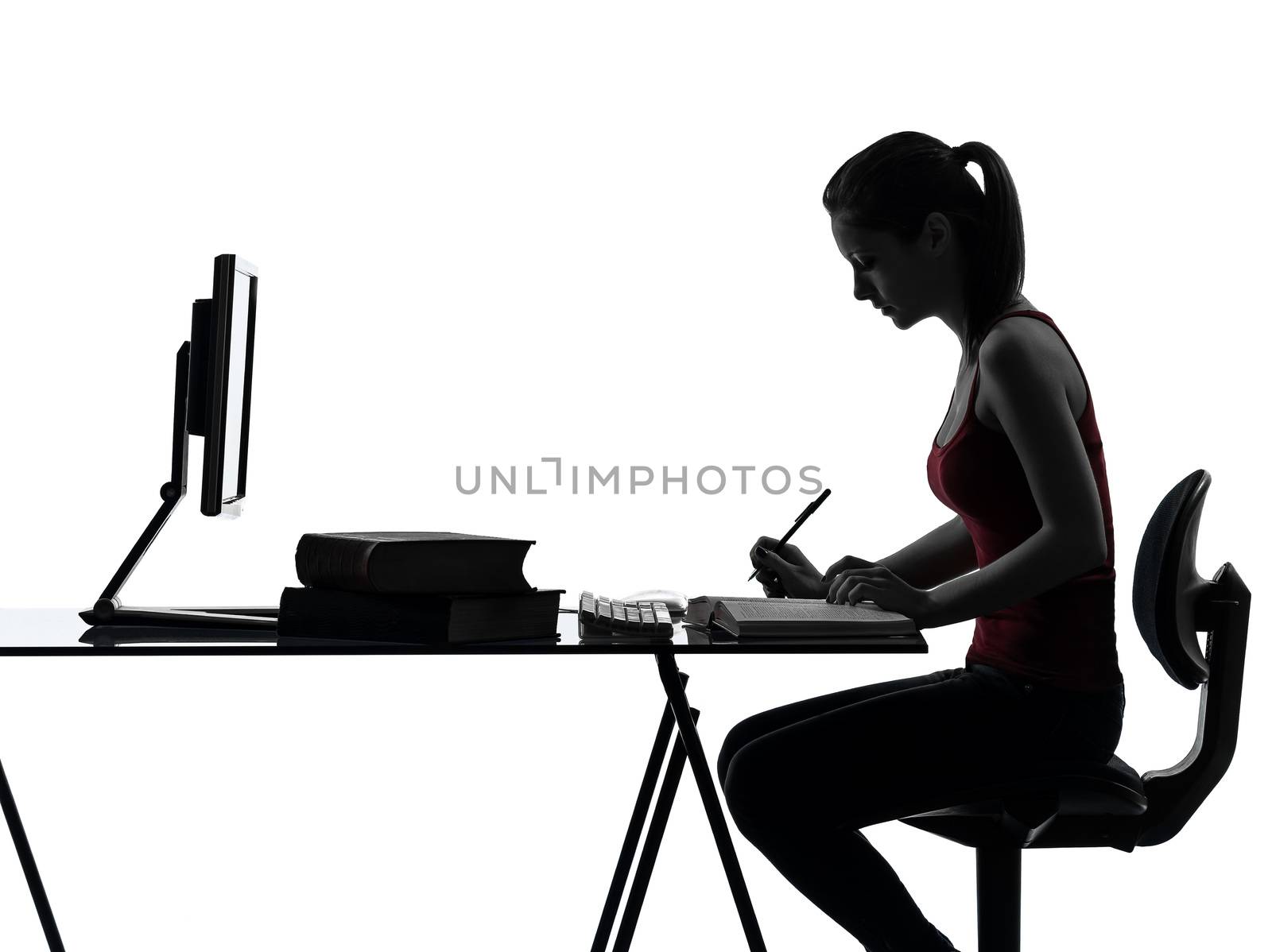 one caucasian teenager girl homework studying woman in silhouette studio isolated on white background