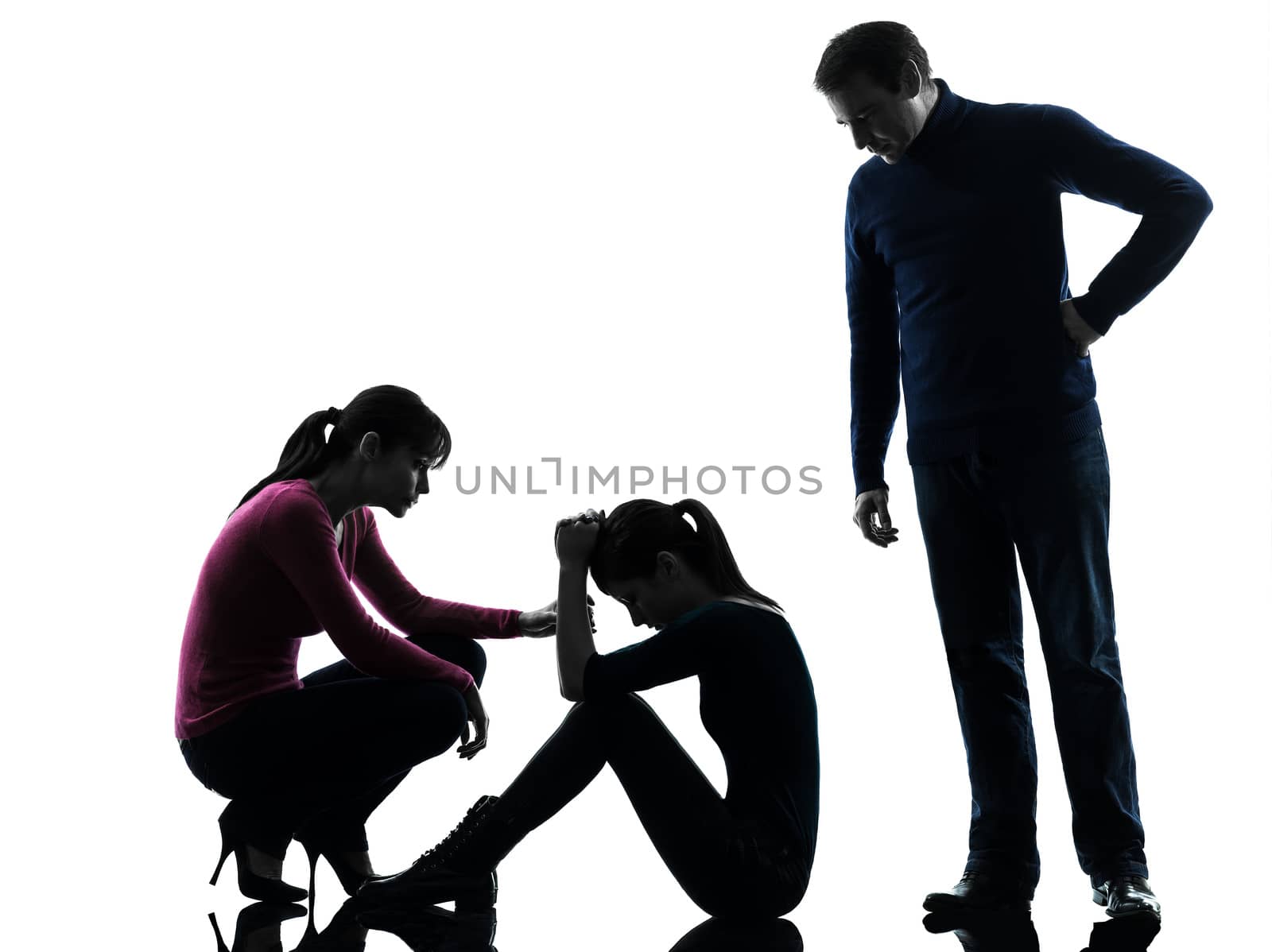 one caucasian family father mother consoling daughter in silhouette studio isolated on white background