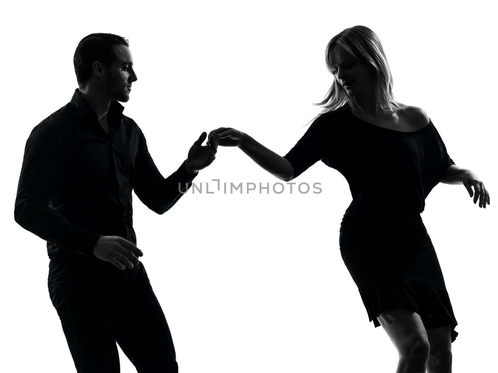 one caucasian couple woman man dancing dancers salsa rock in silhouette studio isolated on white background