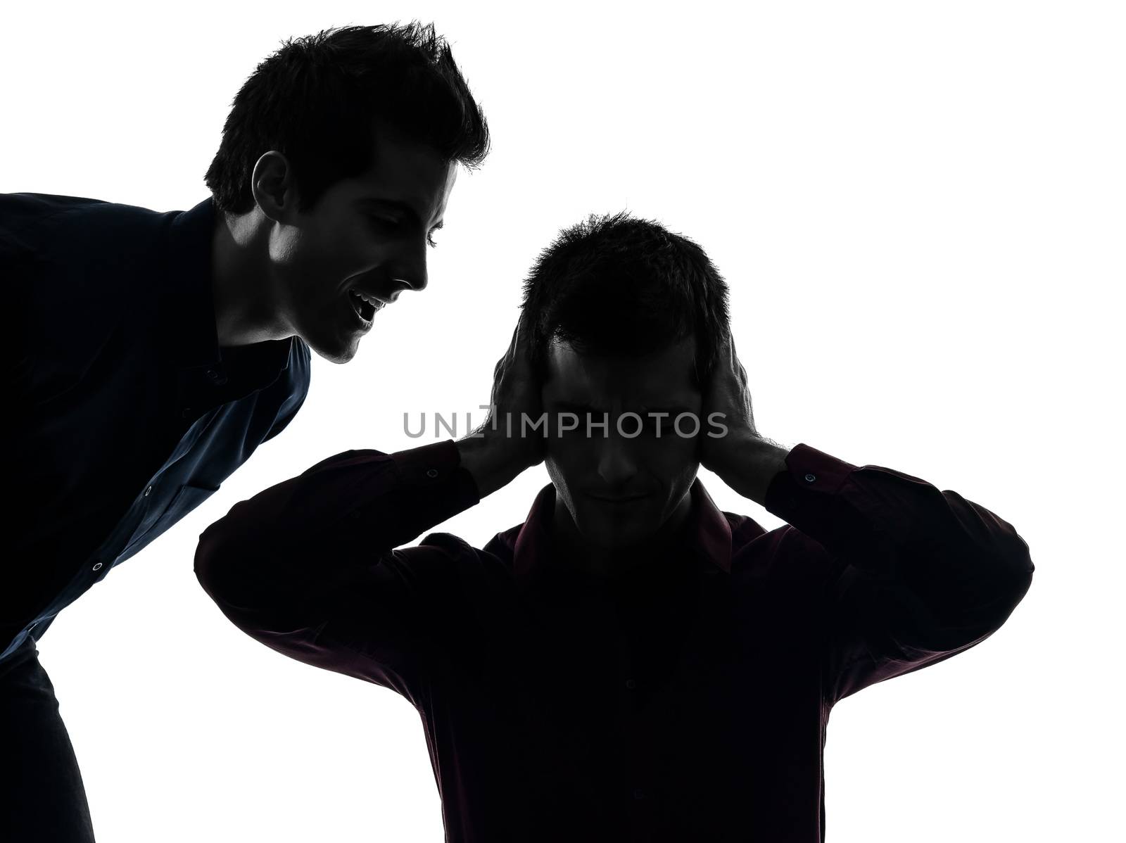 two caucasian young men domination concept shadow white background