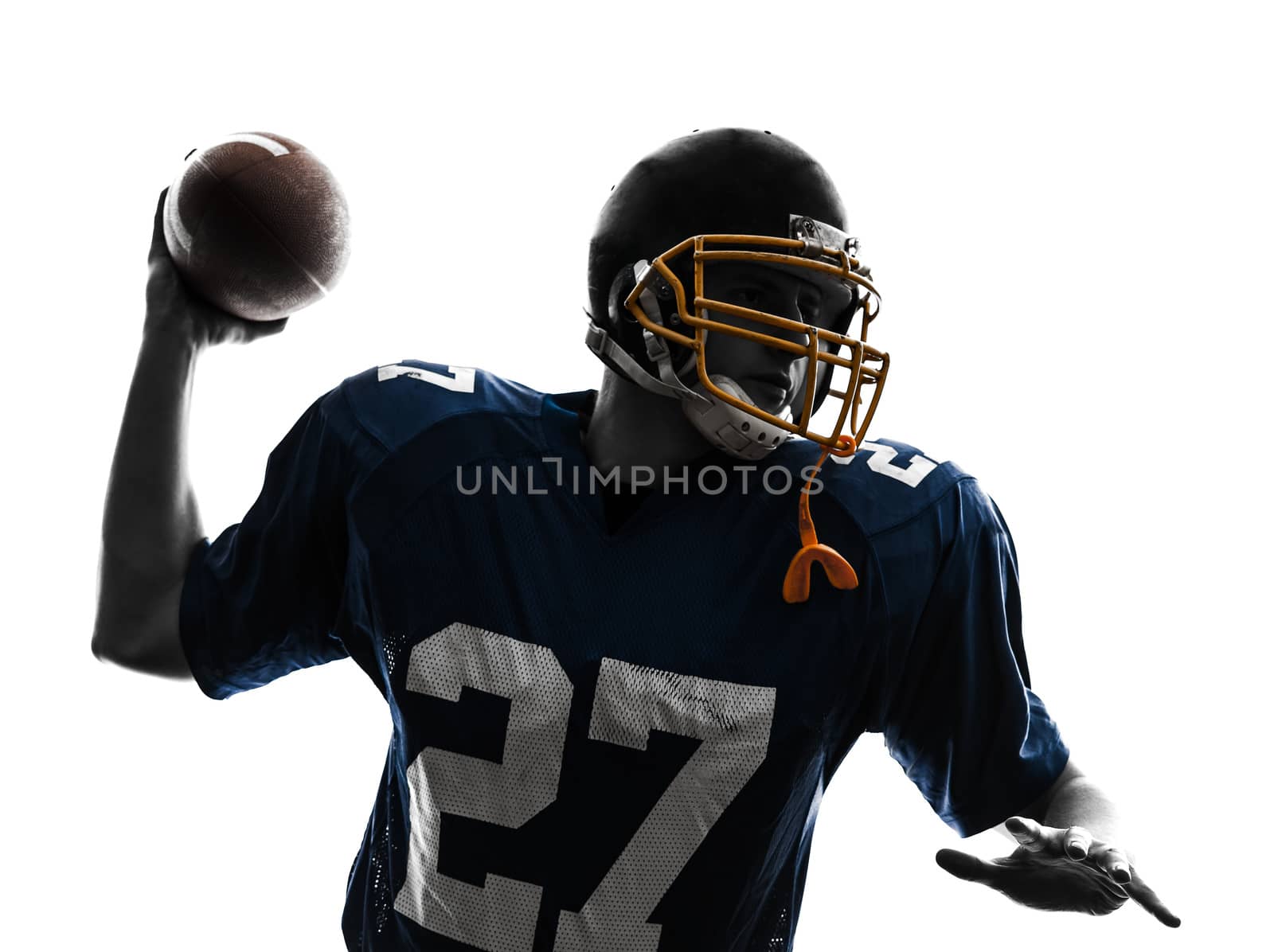 one caucasian quarterback american throwing football player man in silhouette studio isolated on white background