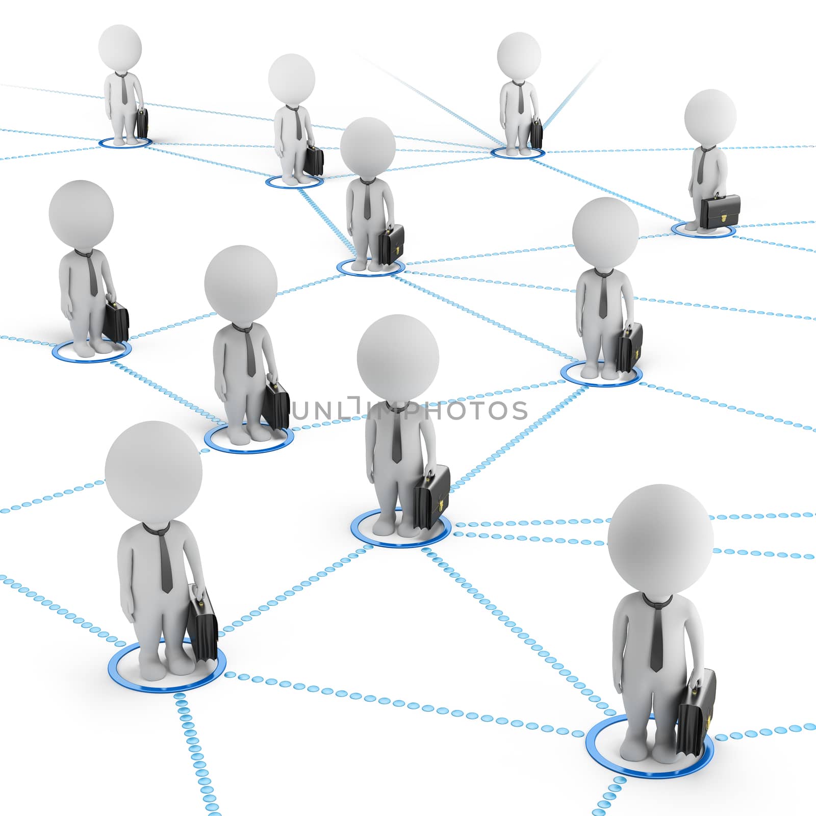 3d small people - businessmen standing in the global network of cells. 3d image. White background.