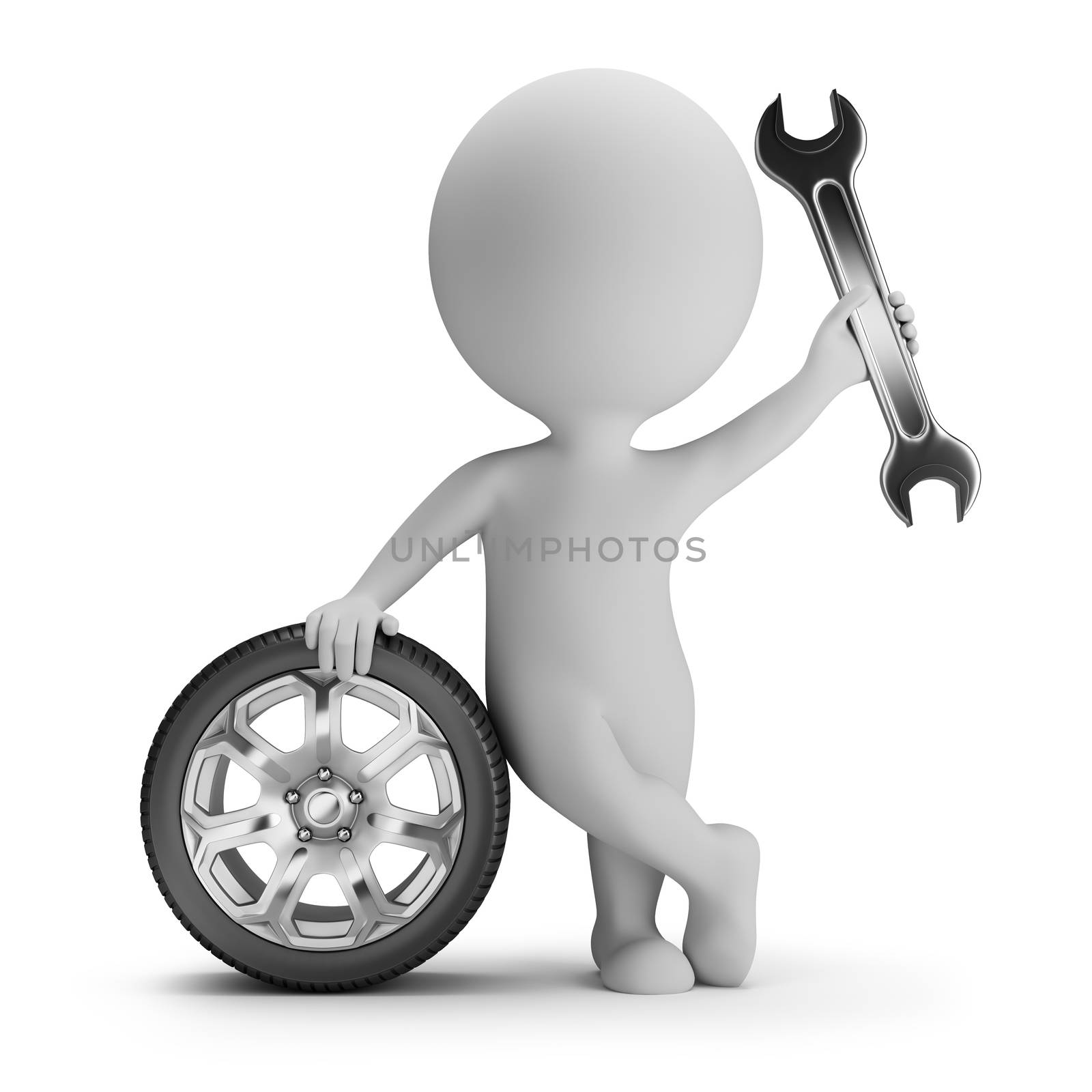 3d small person standing next to a car wheel with a wrench in hand. 3d image. White background.