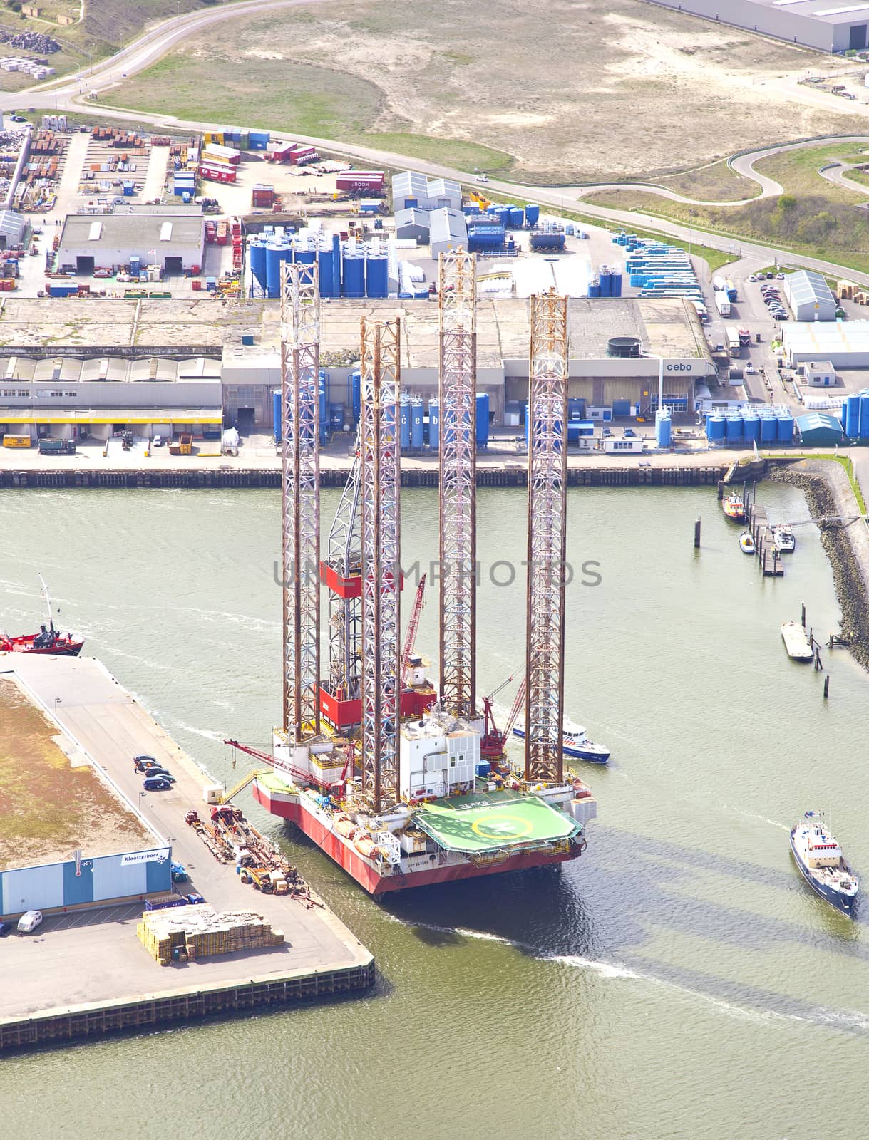 IJMUIDEN, THE NETHERLANDS - APRIL 15: Aerial view on offshore island in harbour of IJmuiden, The Netherlands at April 15 2014. Offshore islands are essential in gaining oil and gas for worldwide usage by gigra