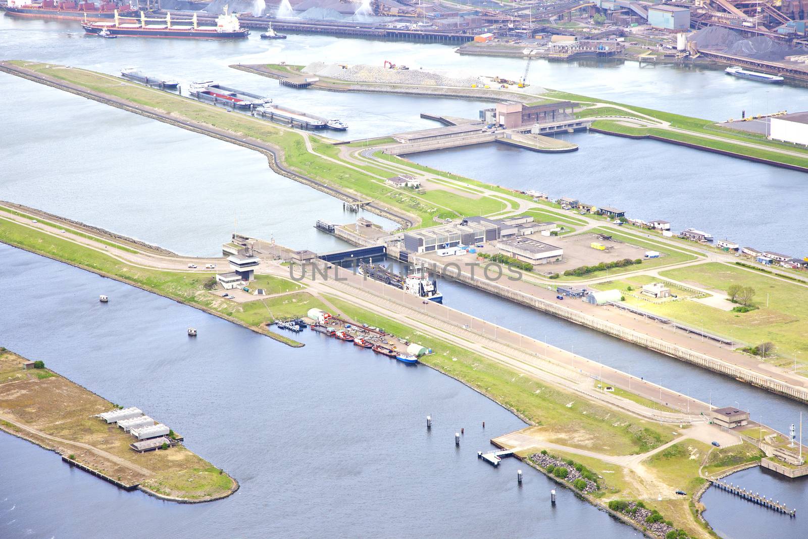 Aerial view at sea lock IJmuiden, The Netherlands