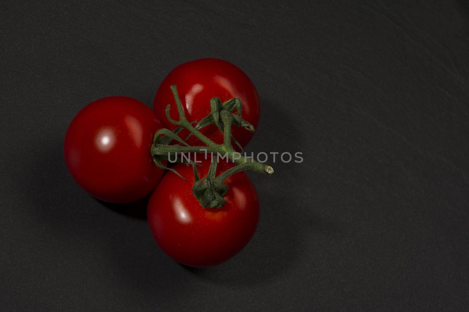 Bunch of fresh ripe red cherry tomatoes on the vine for use as cooking ingredients or in a salad, on a dark background with copyspace, high angle view