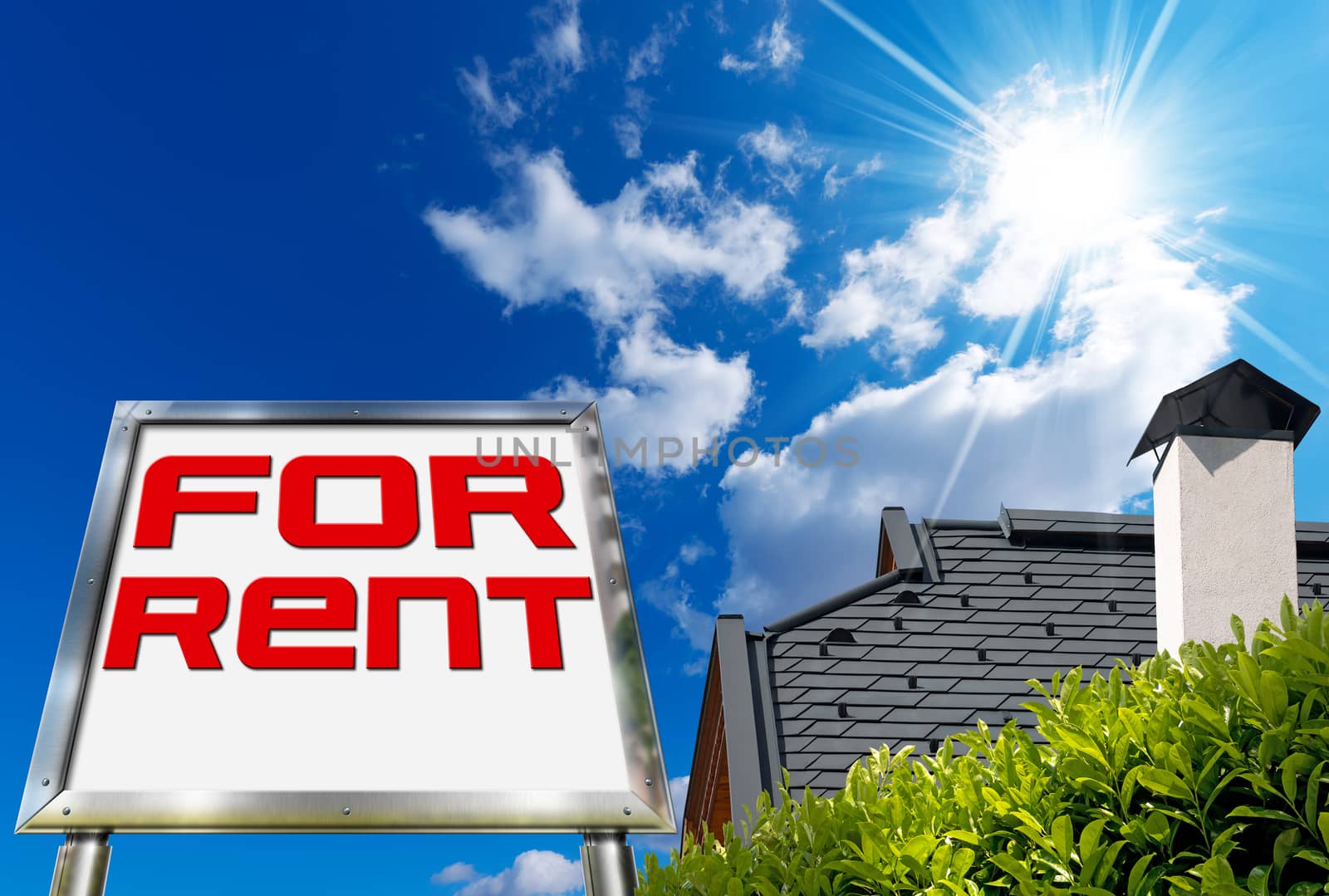 Large chrome billboard with written "for rent" on blue sky with roof, clouds and sun rays