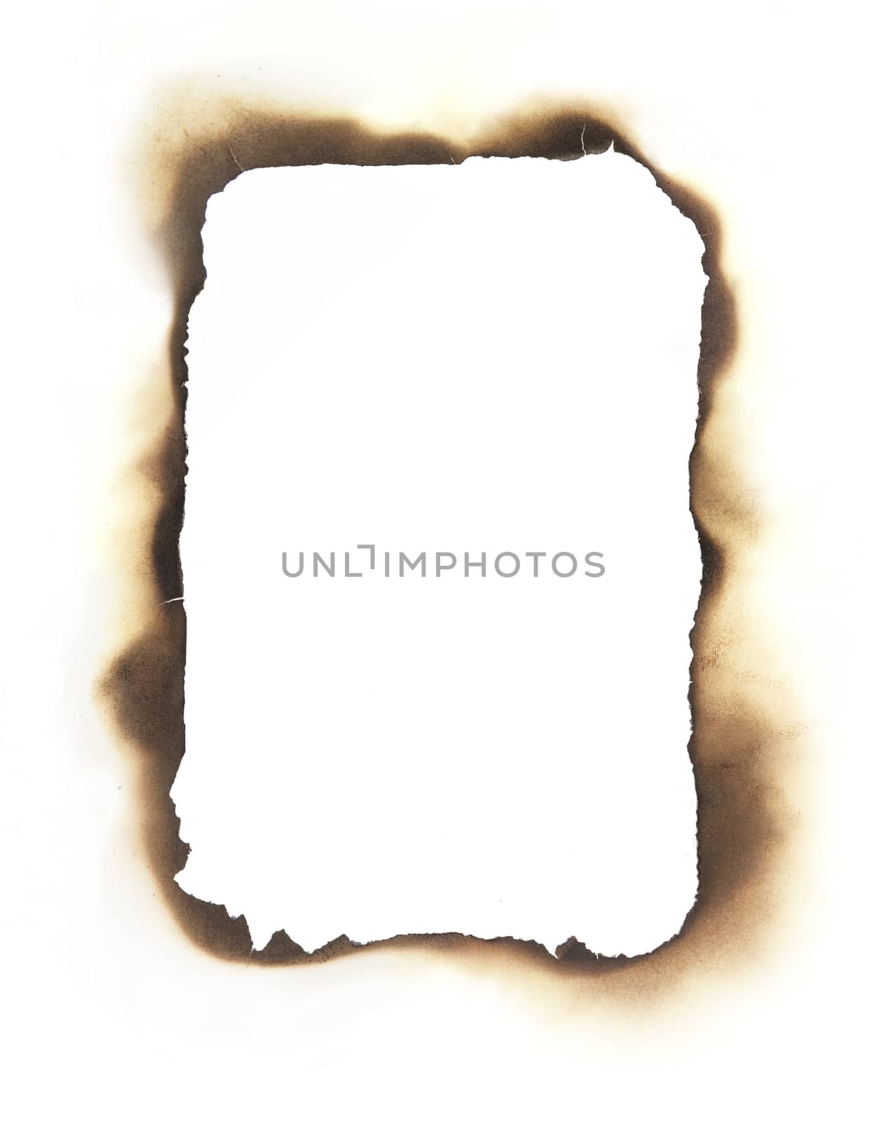 The charred  edges of a burned through rectangular hole isolated on white. Use as a frame or composite with any sheet of paper to create a burned through area in the paper.
