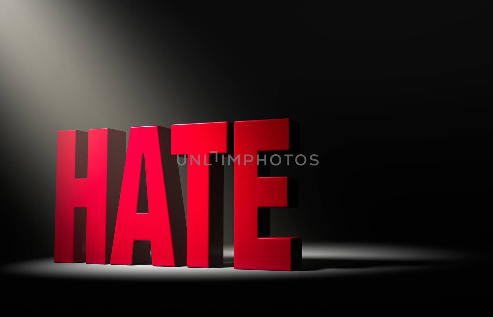 Angled spotlight revealing a large, red "HATE" on a dark background.