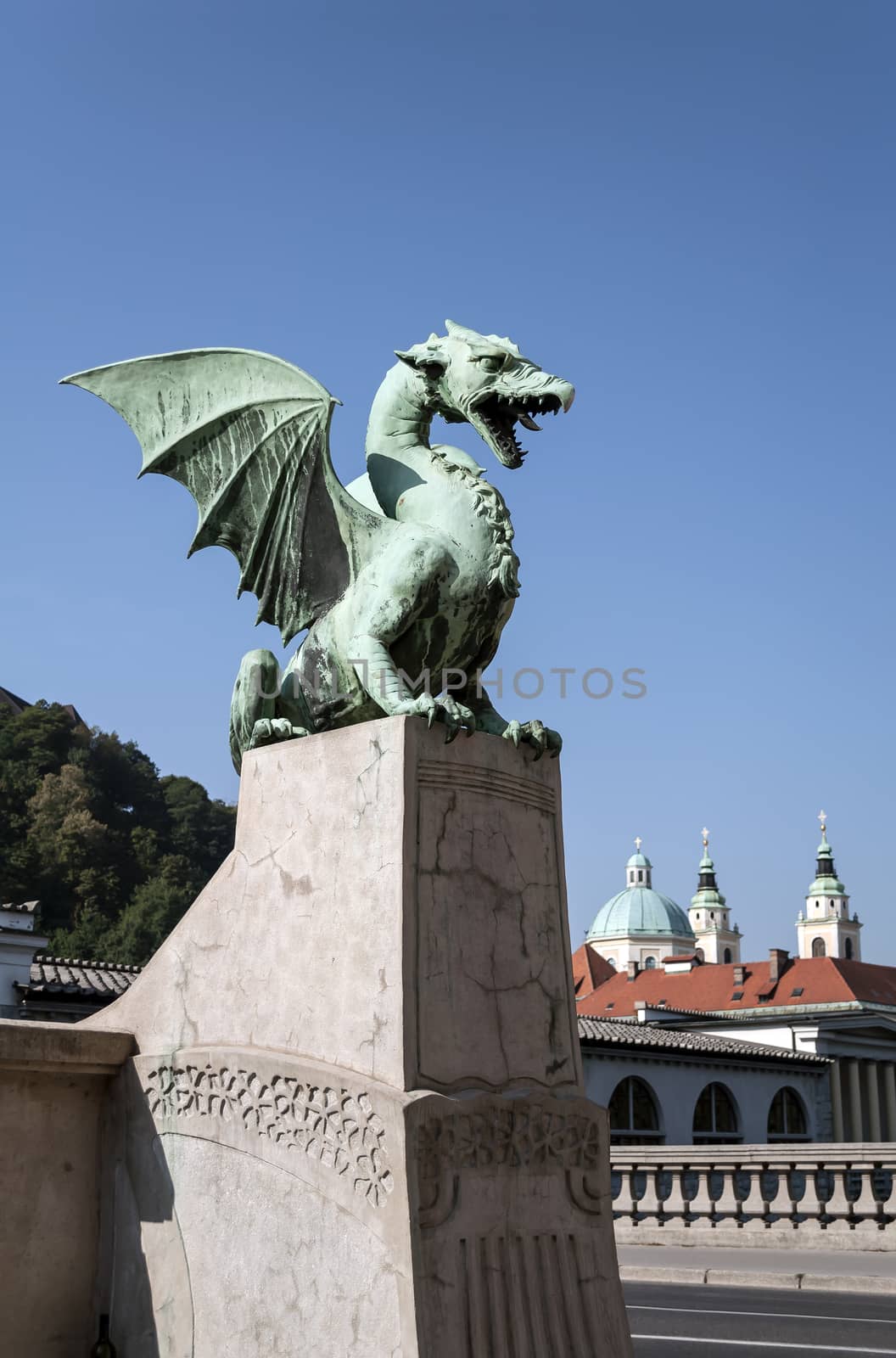 Dragon Bridge with St Nicholas Cathedral in the background, in Ljubljana, Slovenia.