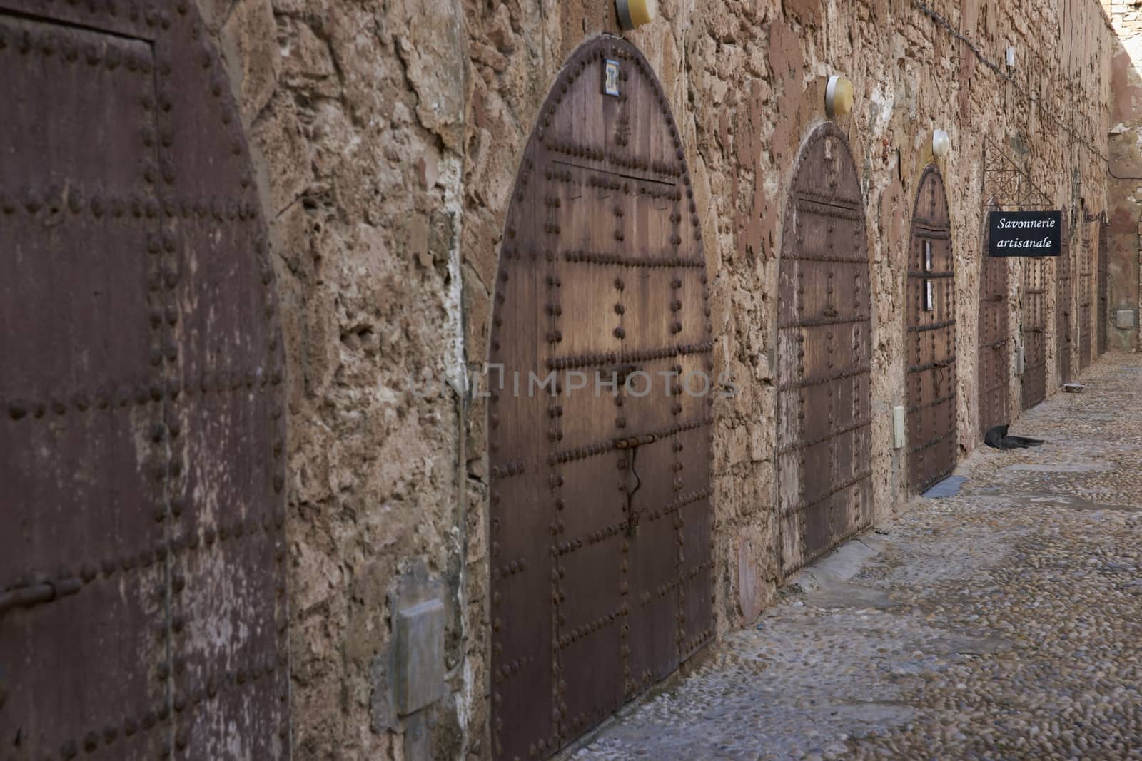 Artisan shops closed for Eid in the historic fishing port of Essaouira in Morocco.