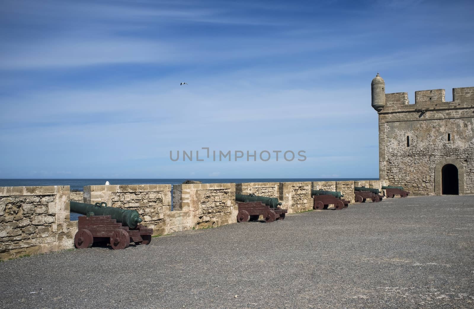 Fortifications guarding the historic fishing port of Essaouira in Morocco.