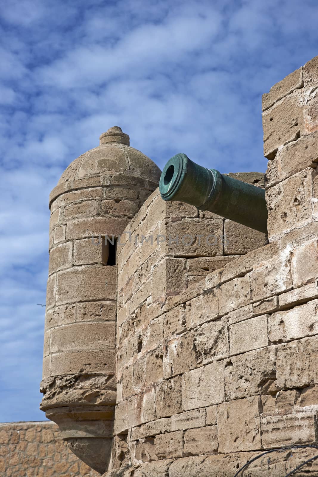Fortified tower guarding the historic fishing port of Essaouira in Morocco.