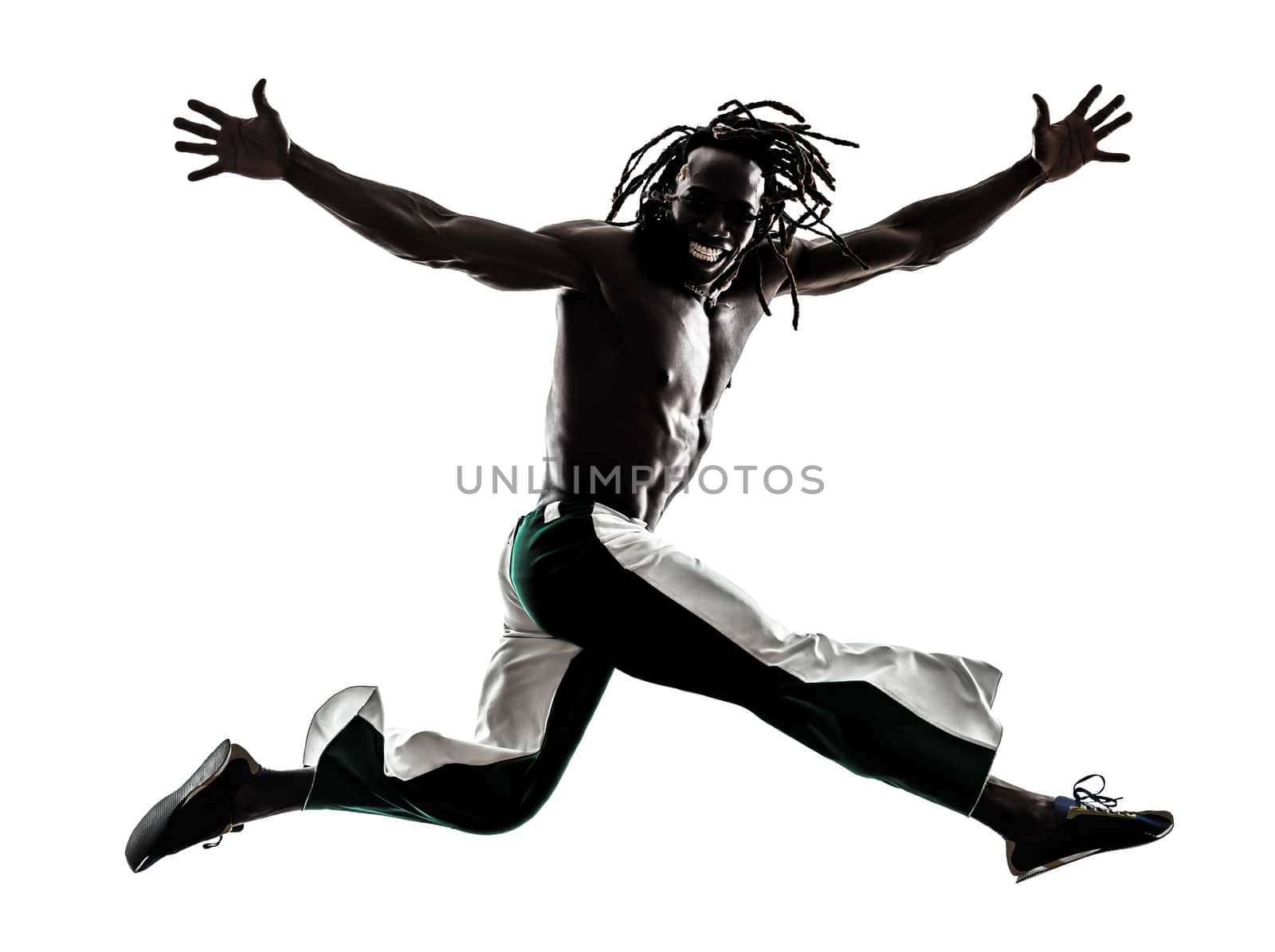 one black man running jumping on white background