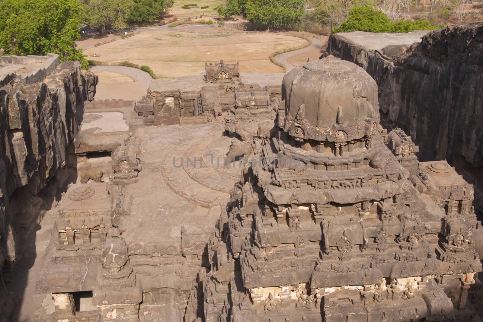 Ancient Hindu Temple (Kailas Temple) carved out of solid rock. Cave number 16, Ellora Caves, near Aurangabad, India. 8th Century AD