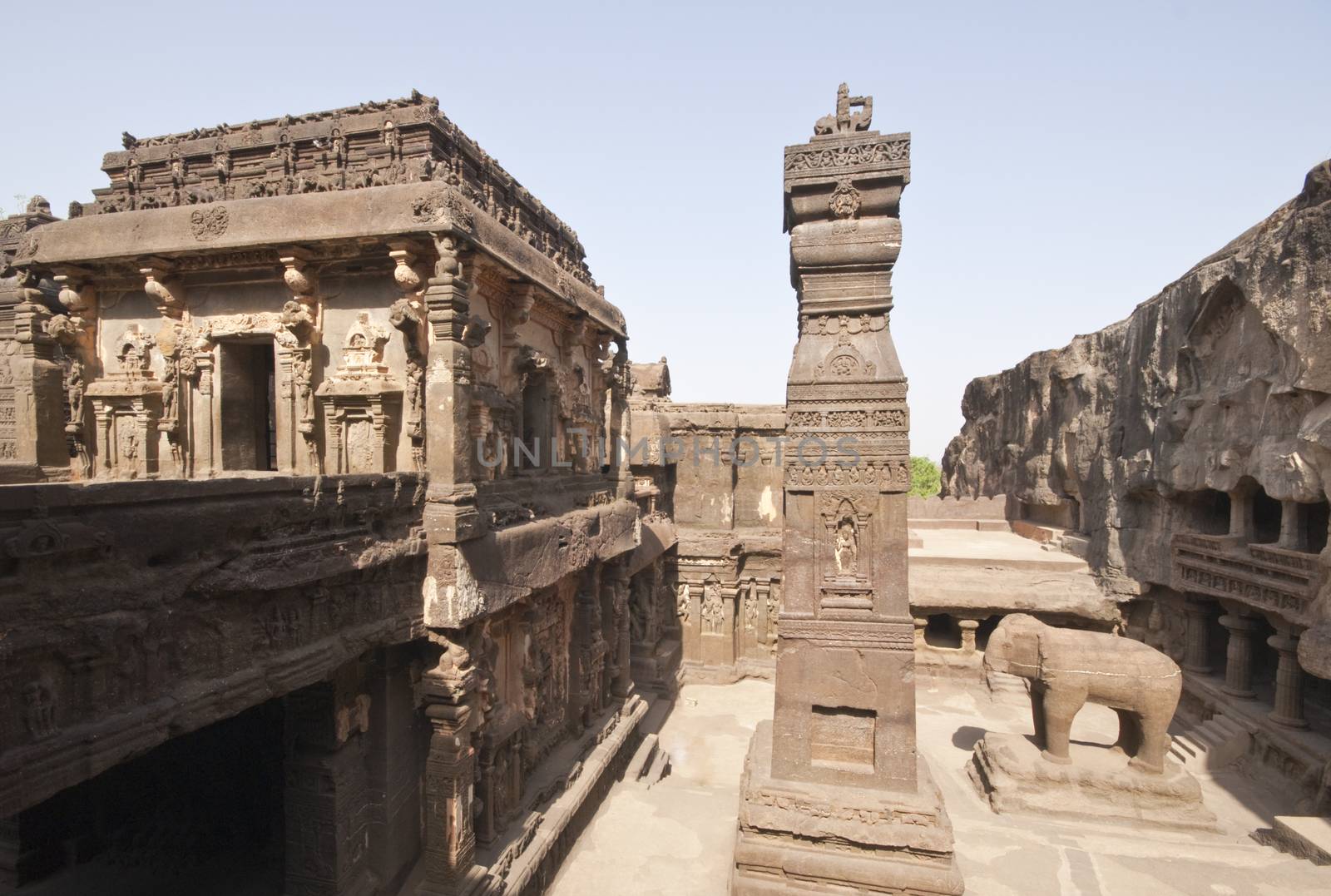 Ancient Hindu Temple (Kailas Temple) carved out of solid rock. Cave number 16, Ellora Caves, near Aurangabad, India. 8th Century AD