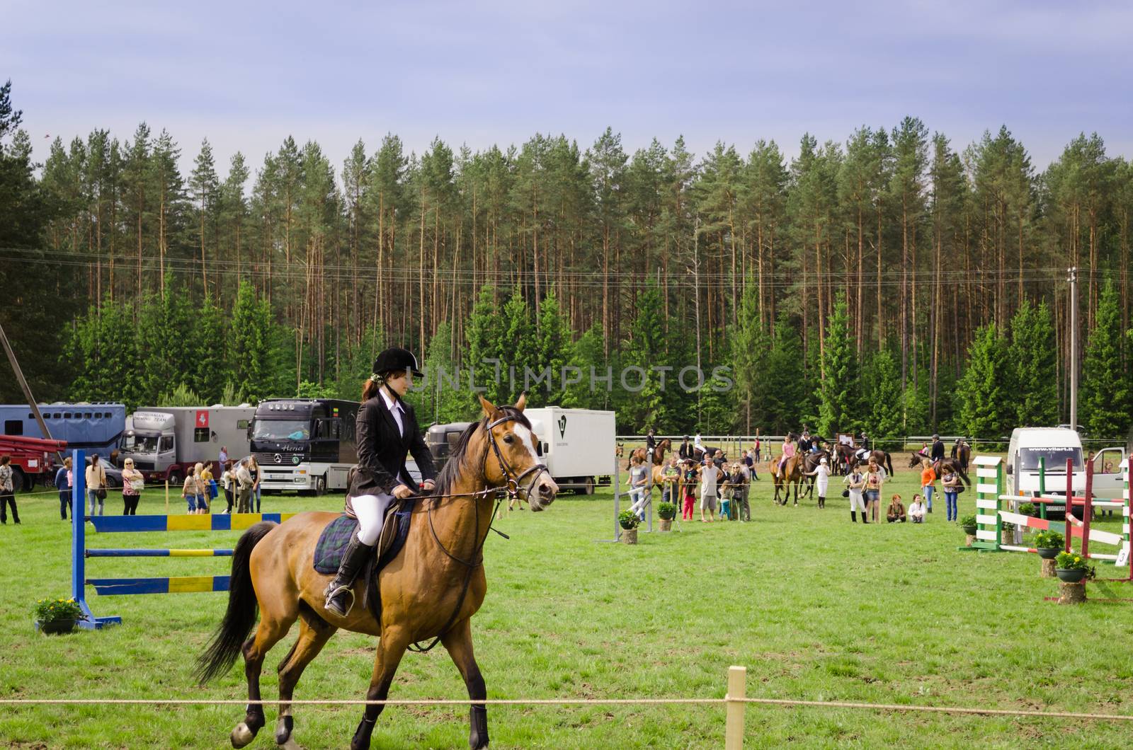 NIURONYS, LITHUANIA - JUNE 01: woman ride horse in horserace steeplechase competition on June 01, 2013 in Niuronys, Lithuania.