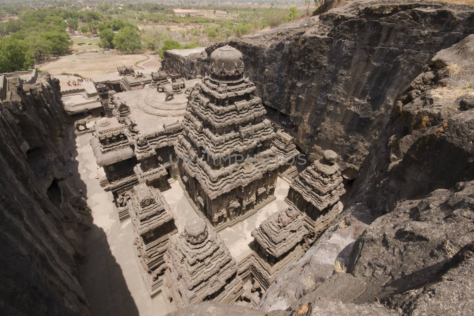 Ancient Hindu Temple (Kailas Temple) carved out of solid rock. Cave number 16, Ellora Caves, near Aurangabad, India. 8th Century AD