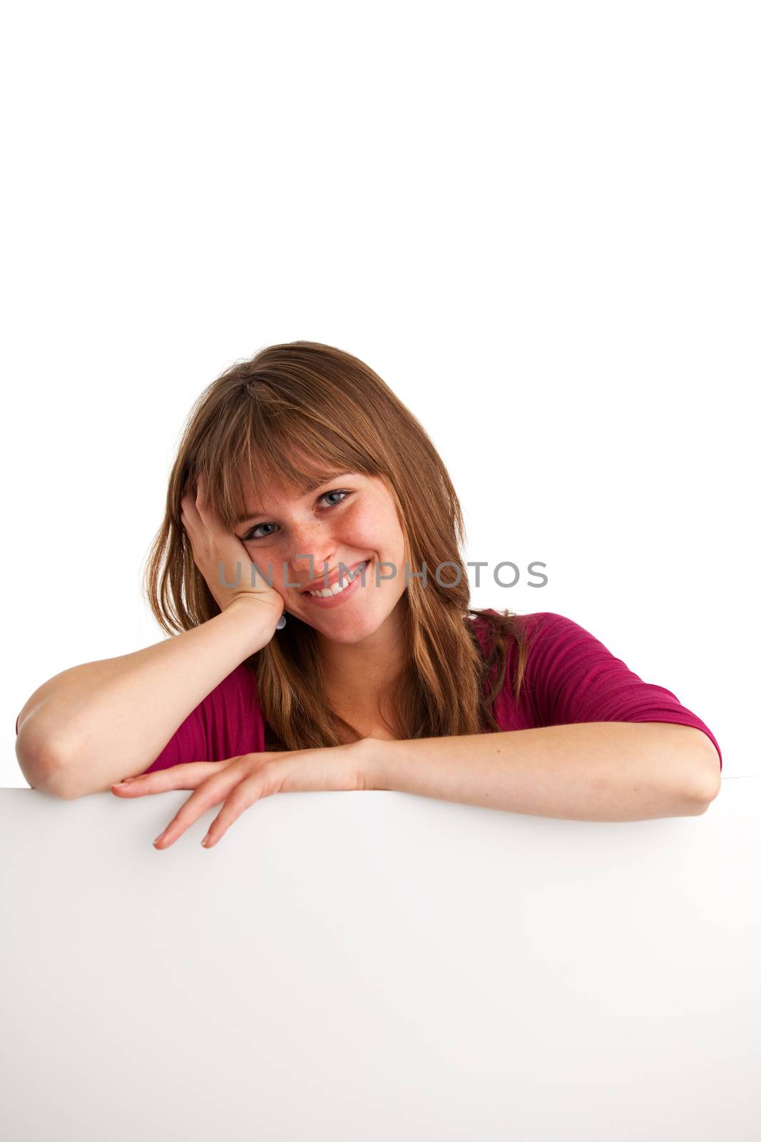 brunette girl holding a blank sign