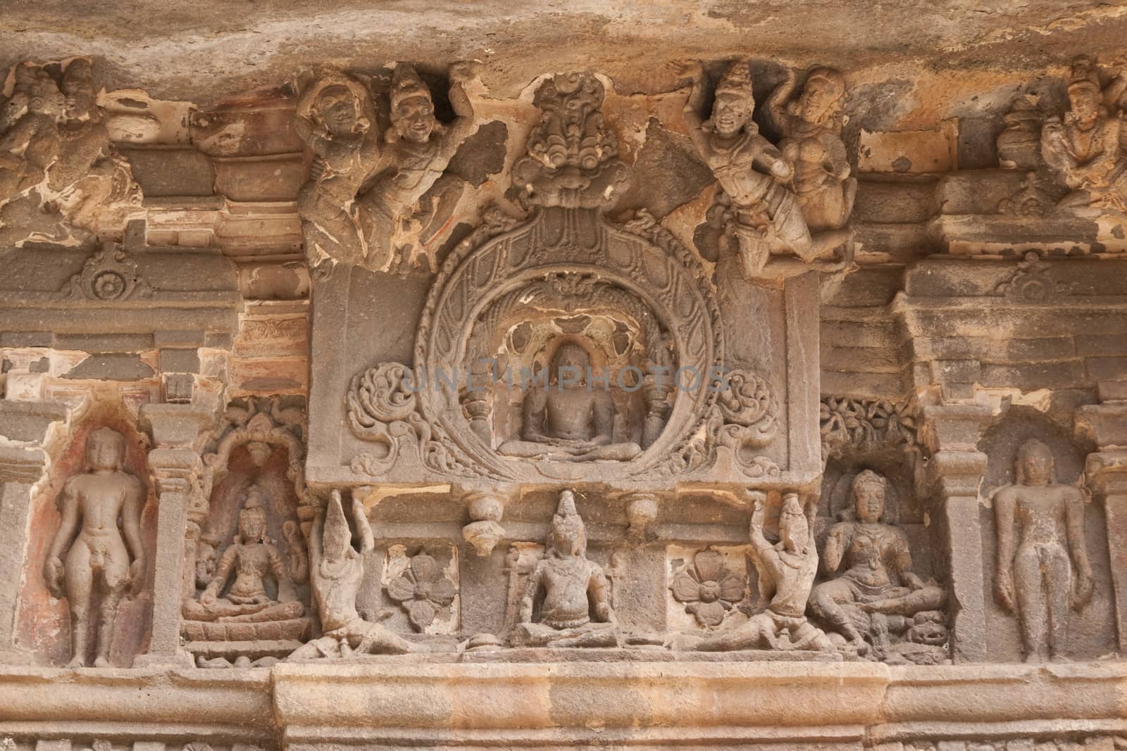 Religious images carved into solid rock inside an ancient Hindu cave temple Ellora Caves near aurangabad India