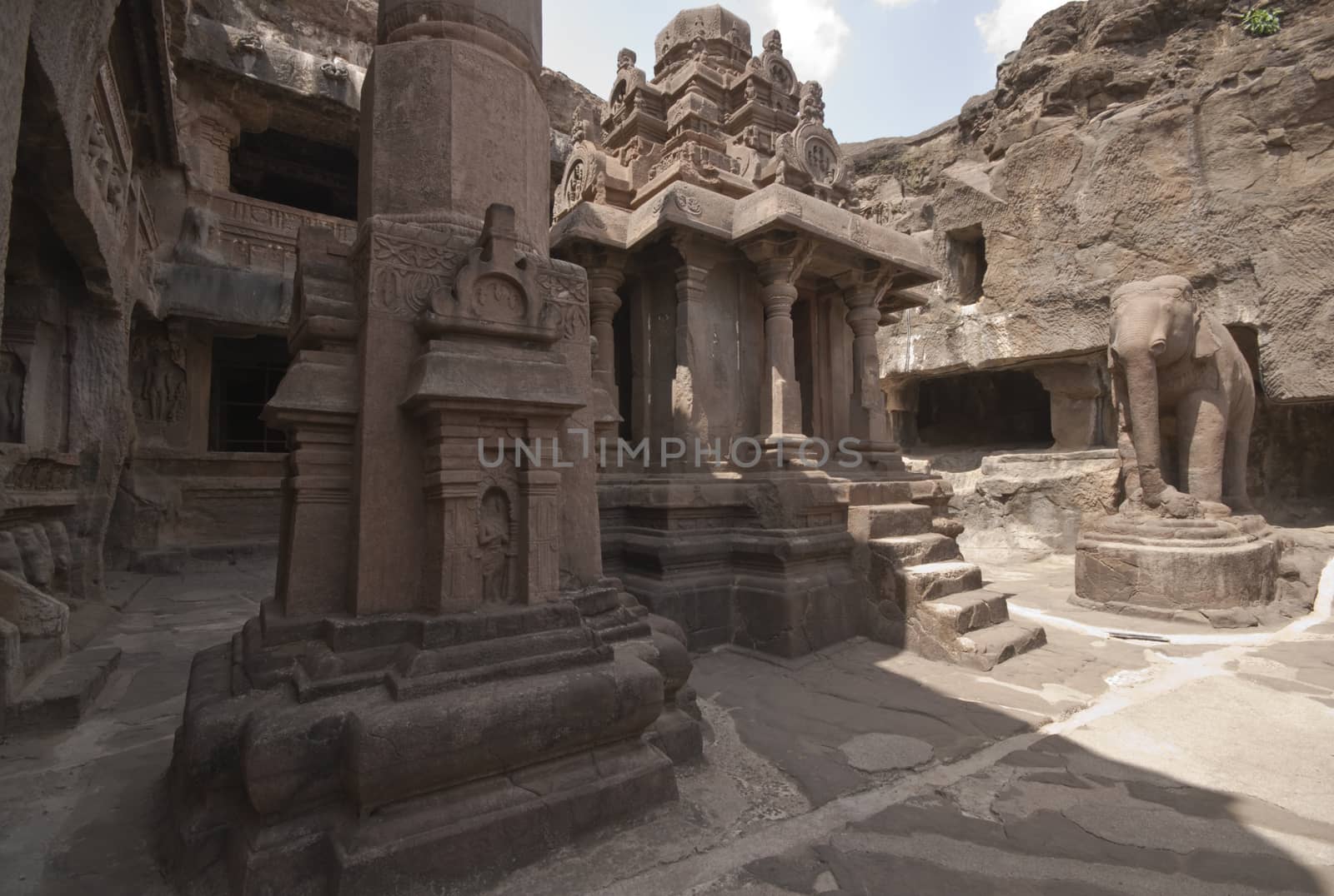 Courtyard of an ancient Jain Temple (Indra Sabha). Cave number 32, Ellora Caves, near Aurangabad, India. 10th - 12th Century AD