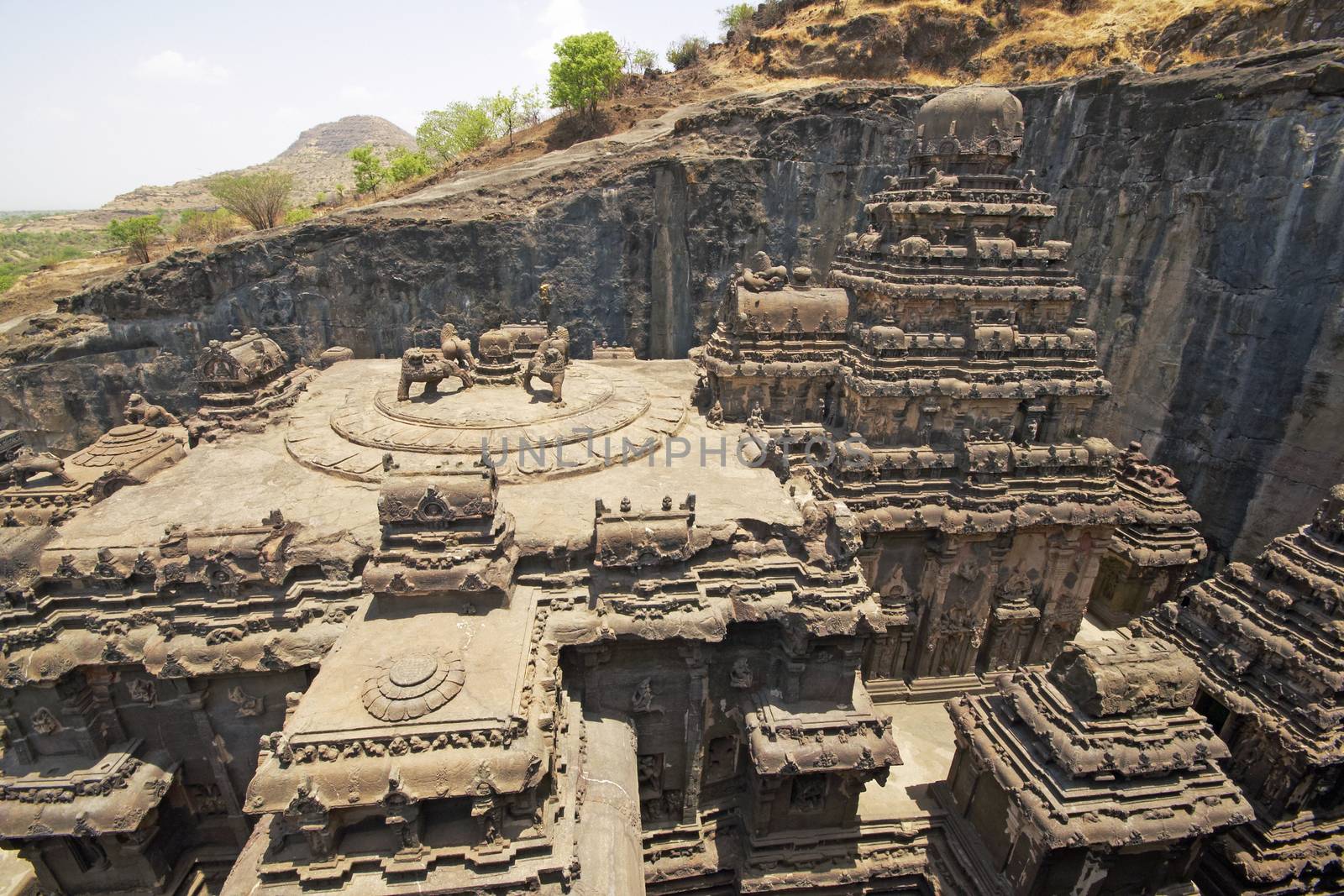 Ancient Hindu Temple (Kailas Temple) carved out of solid rock. Cave number 16, Ellora Caves, near Aurangabad, India. 8th Century AD