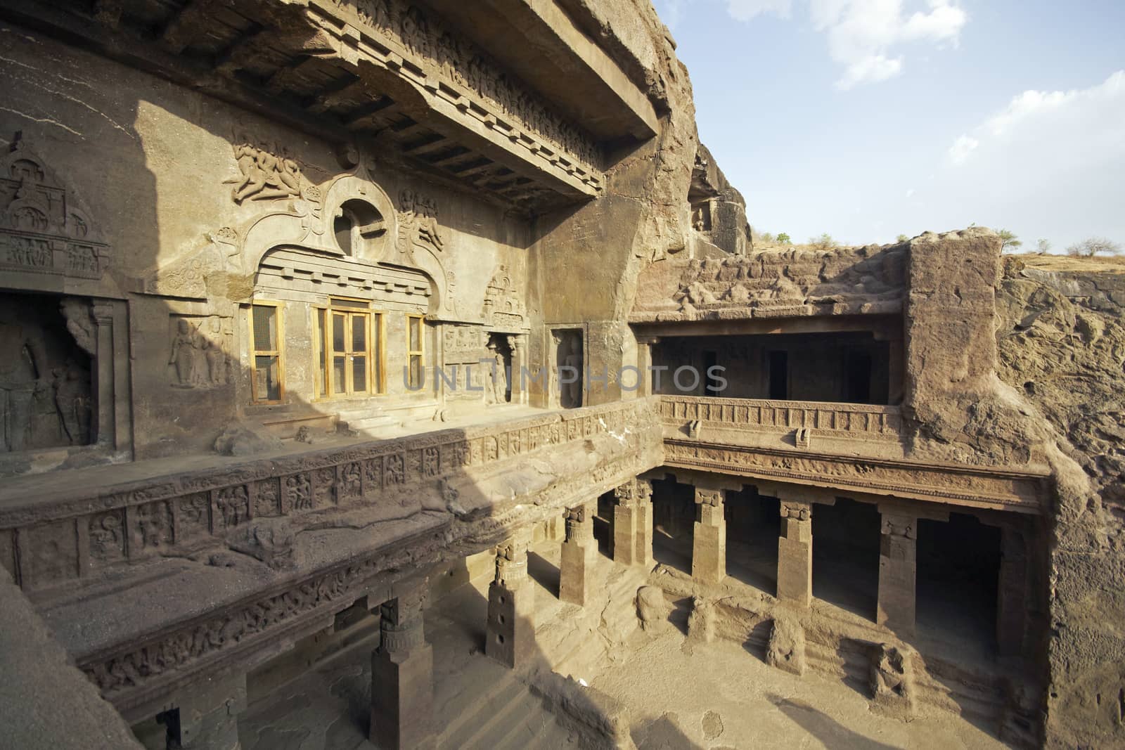 Facade of ancient rock carved Buddhist temple (Vishwakarma Cave Temple) Ellora Caves near Aurangabad India. 7th-8th Century AD.