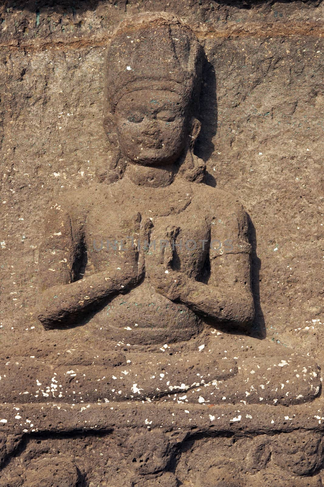 Religious carving around the entrance to a Buddhist cave temple at Ellora Caves in India. Vishwakarma Temple, Cave 10, 7th-8th Century AD
